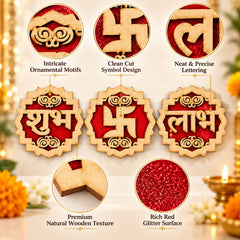 Close-up view of the three wooden Shubh Labh Swastik decorations, highlighting their intricate design and glitter surface.
