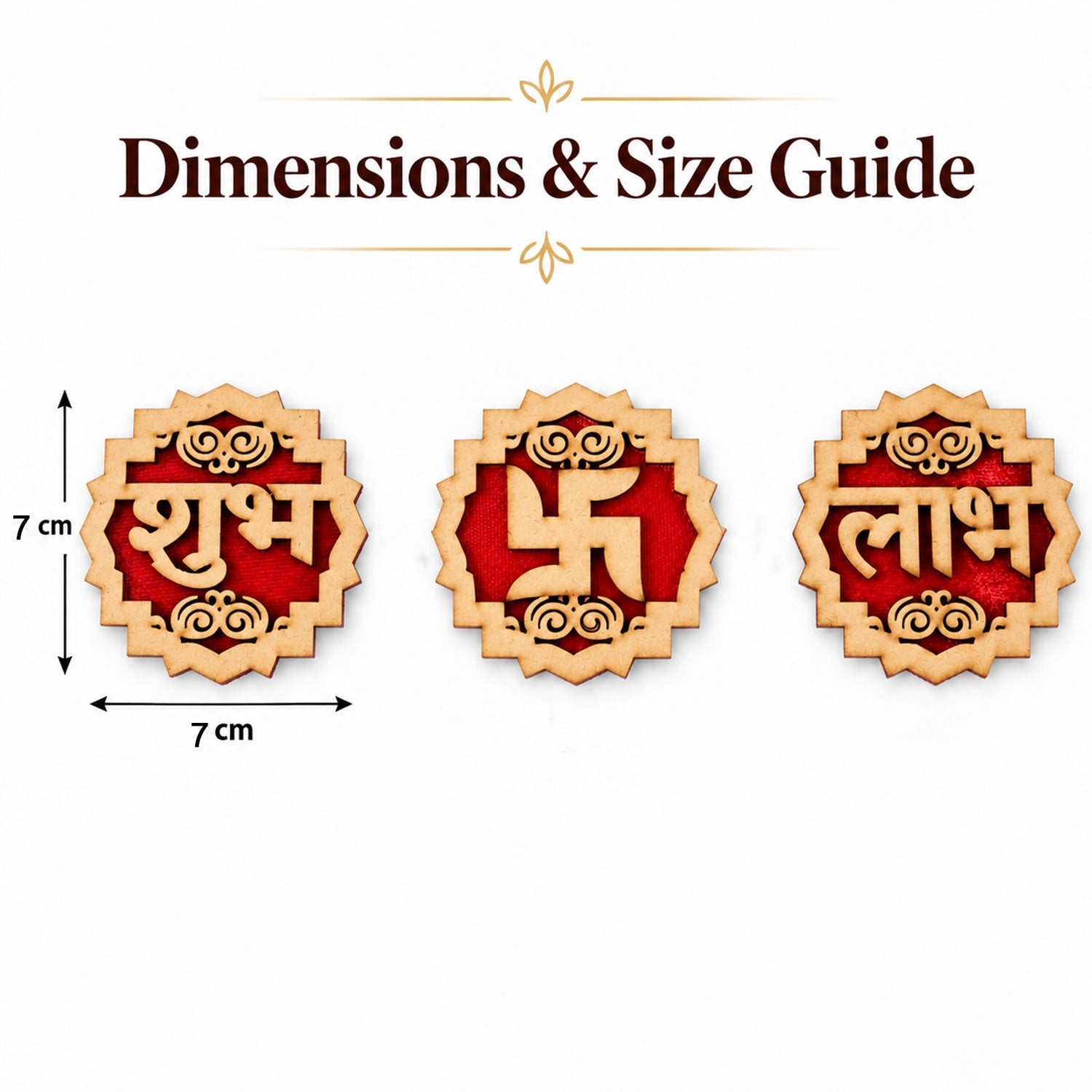 A white background displays the three wooden Shubh Labh Swastik decorations with their dimensions indicated as 7 cm by 7 cm.
