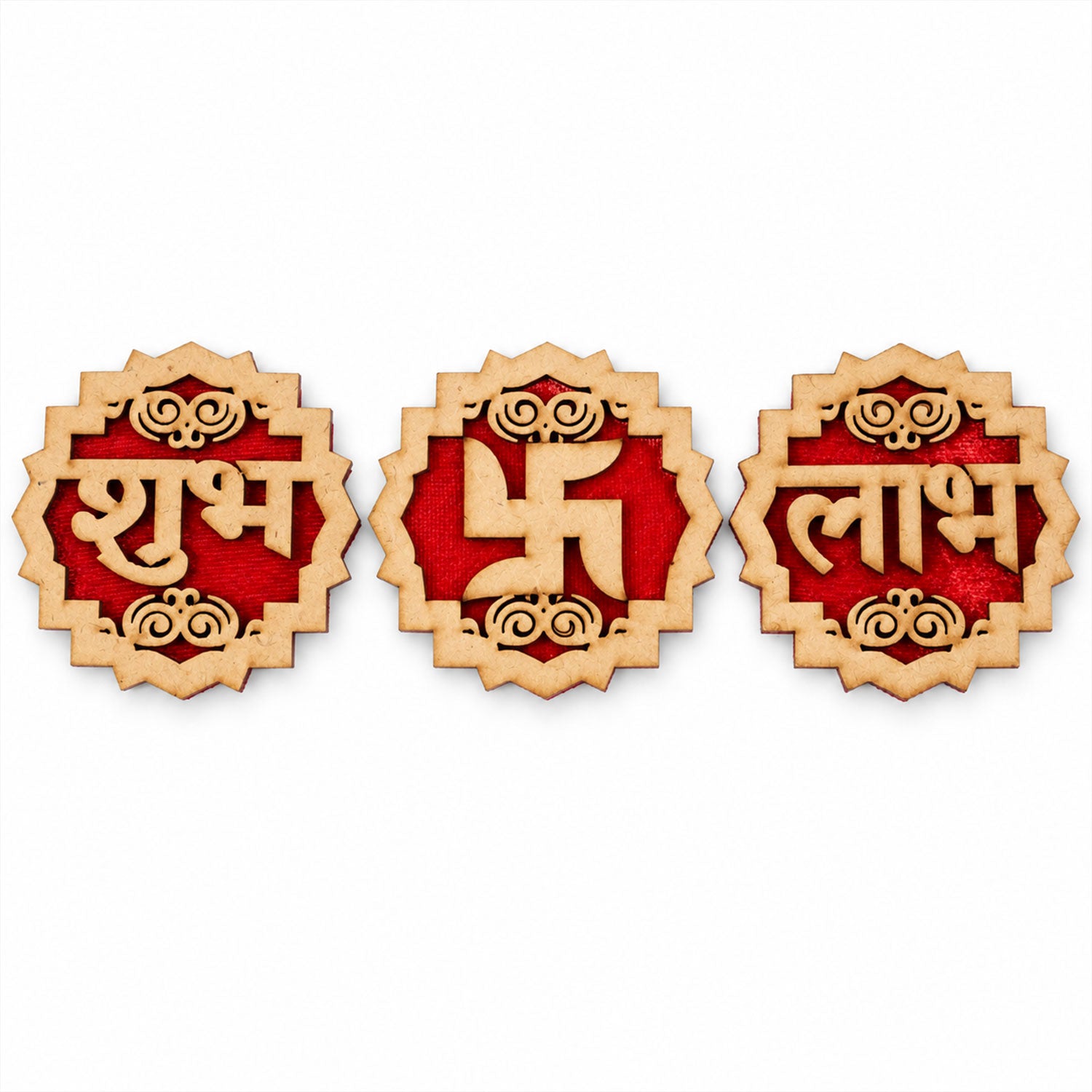 The three wooden Shubh Labh Swastik decorations are arranged side-by-side on a plain white background.