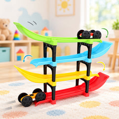 A yellow car racing down the red ramp of a colorful four-level ramp racer toy on a polka dot rug.