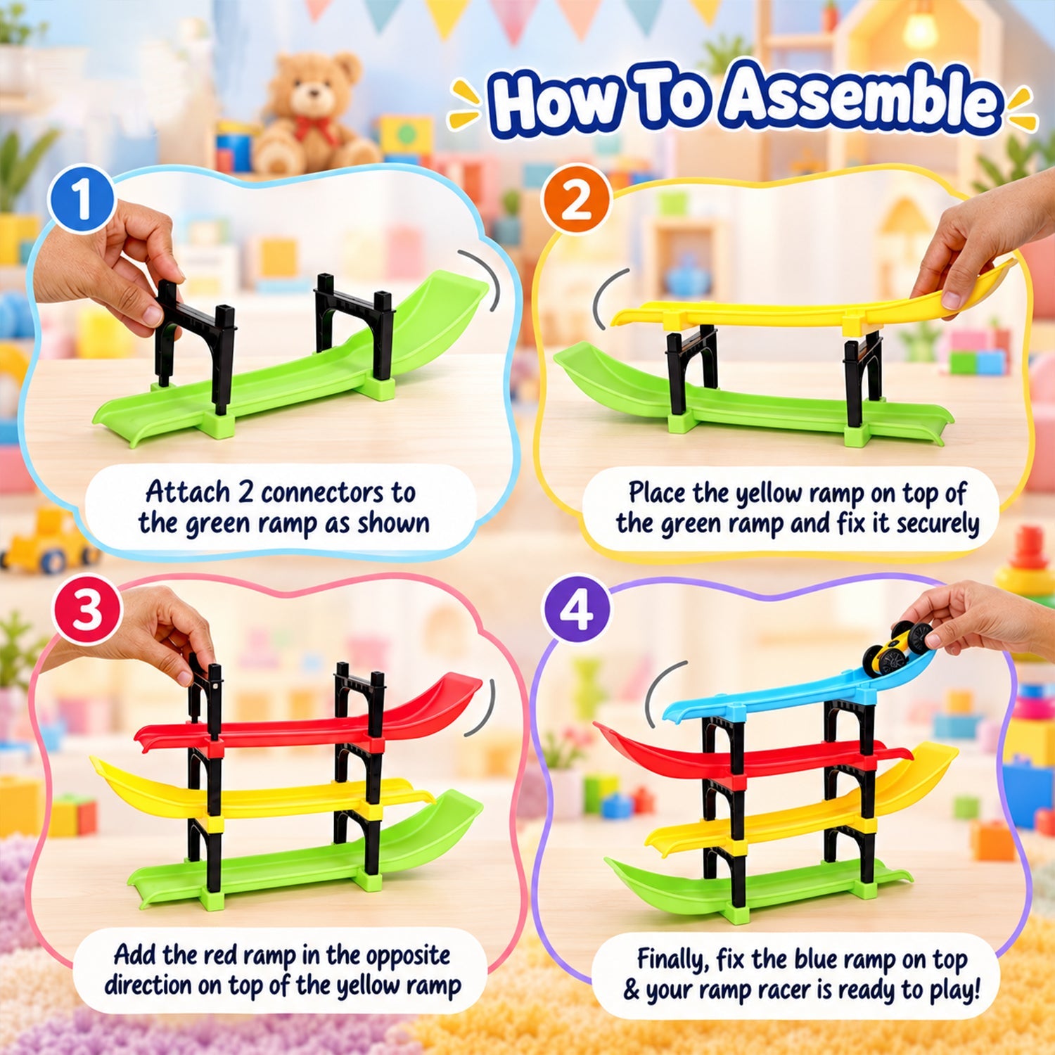 A four-panel graphic illustrating the step-by-step assembly process of the colorful ramp racer toy set.