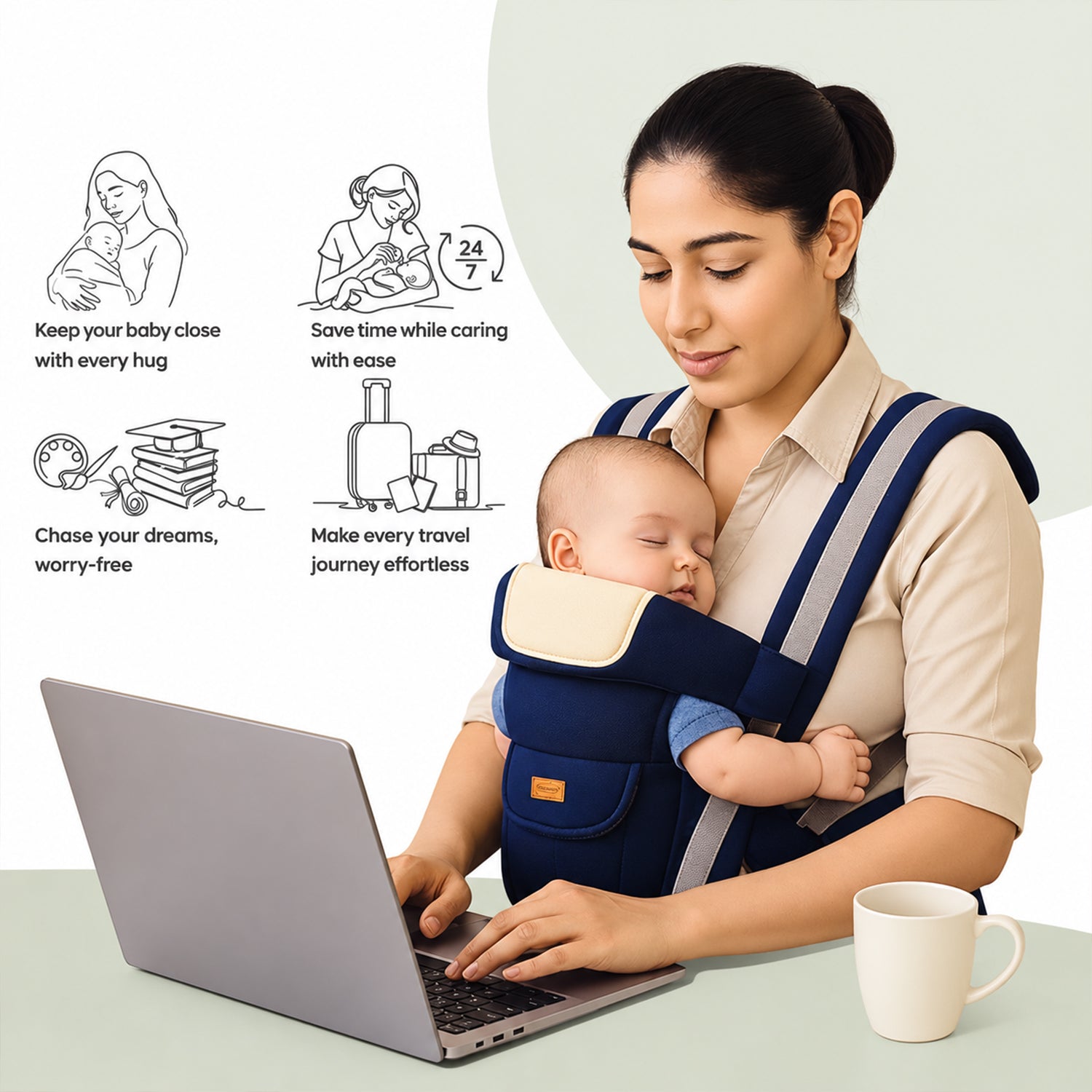 A woman works on a laptop with a sleeping baby in a navy and beige carrier, surrounded by icons.