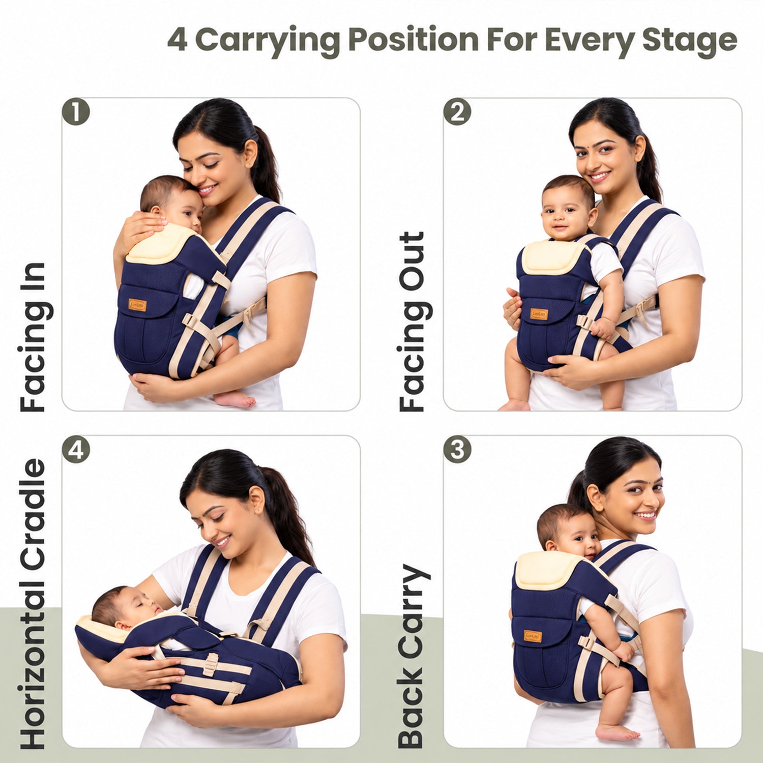 Four images show a woman demonstrating different carrying positions for a baby in a navy carrier.