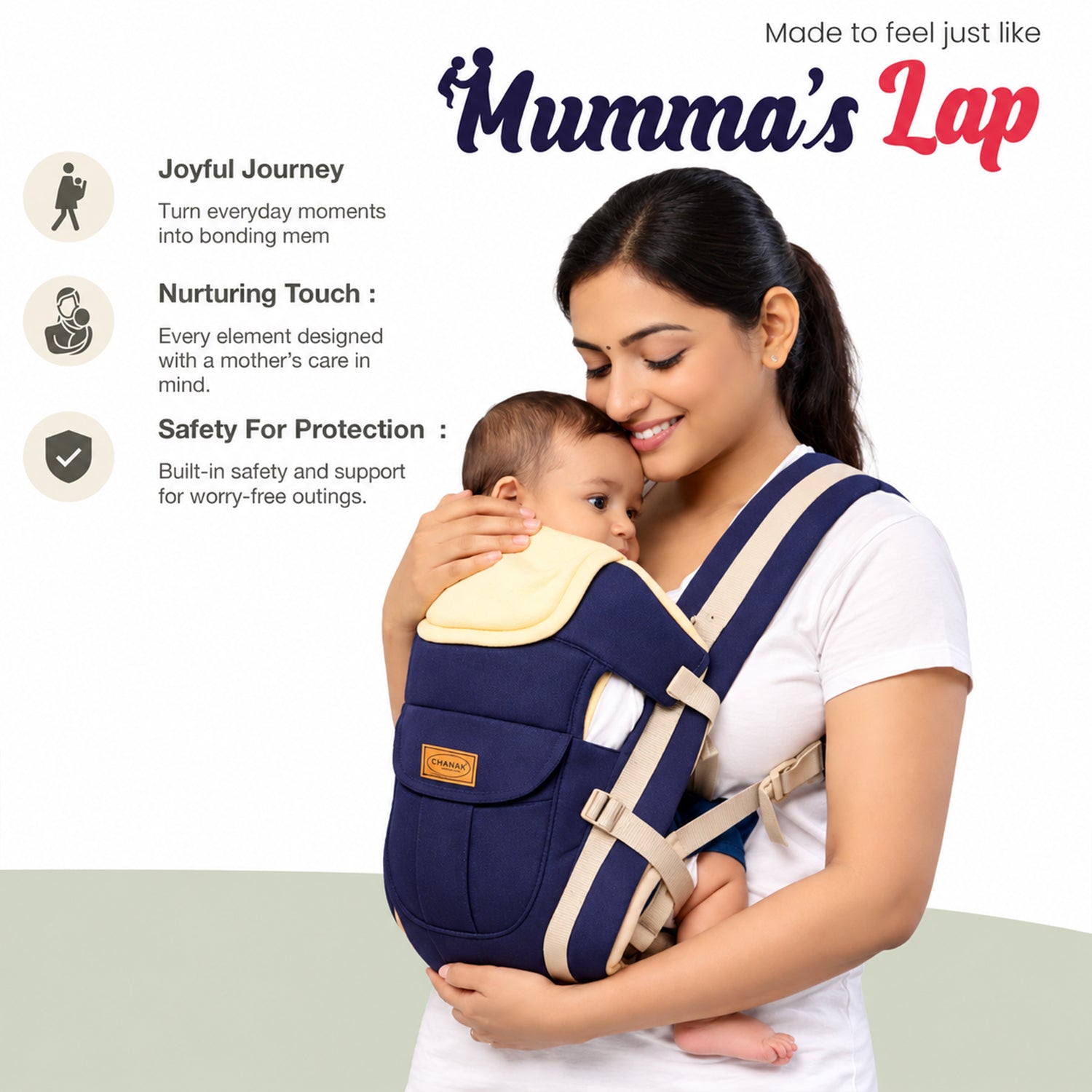 A woman smiles while holding a baby in a navy and beige carrier, with descriptive text about the product.