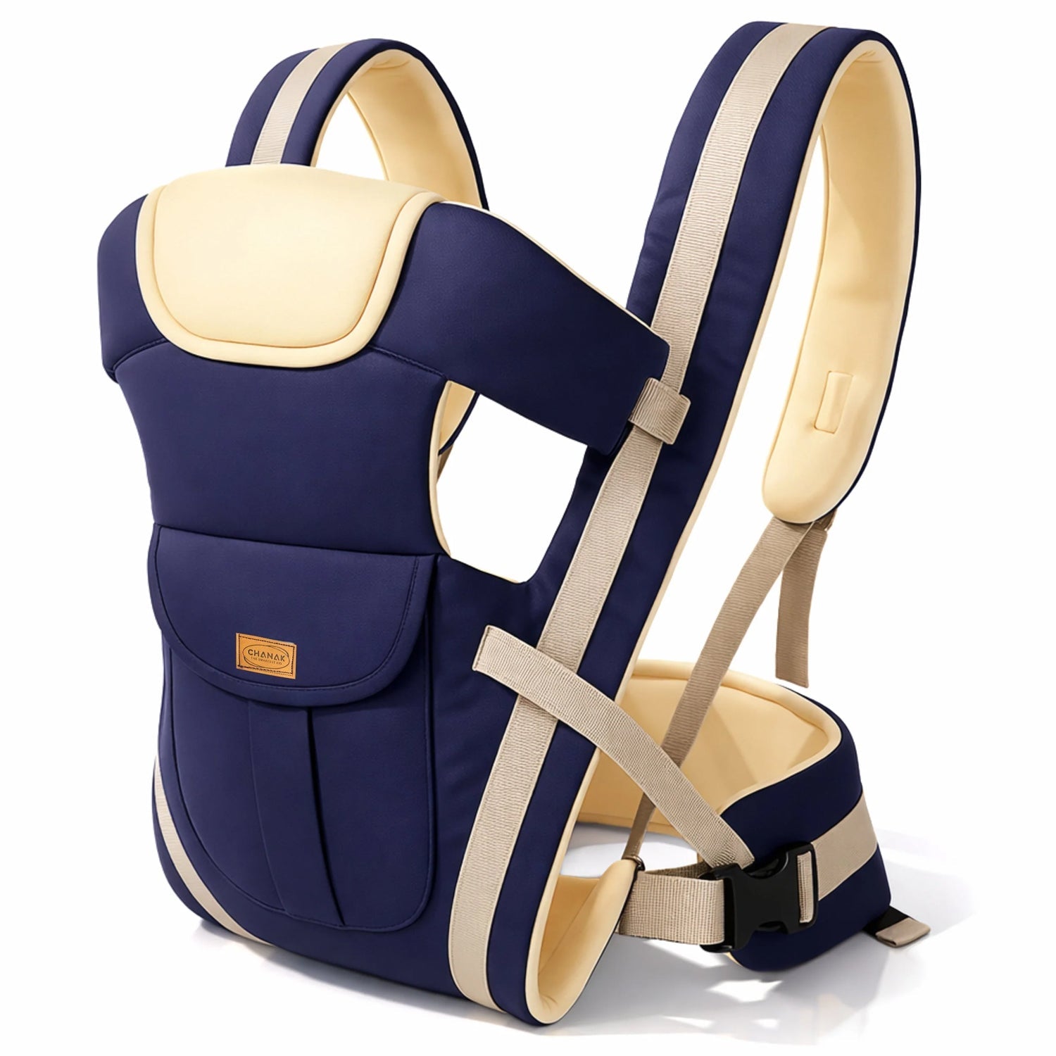 A navy blue baby carrier with beige straps and a padded head support is displayed on a white background.