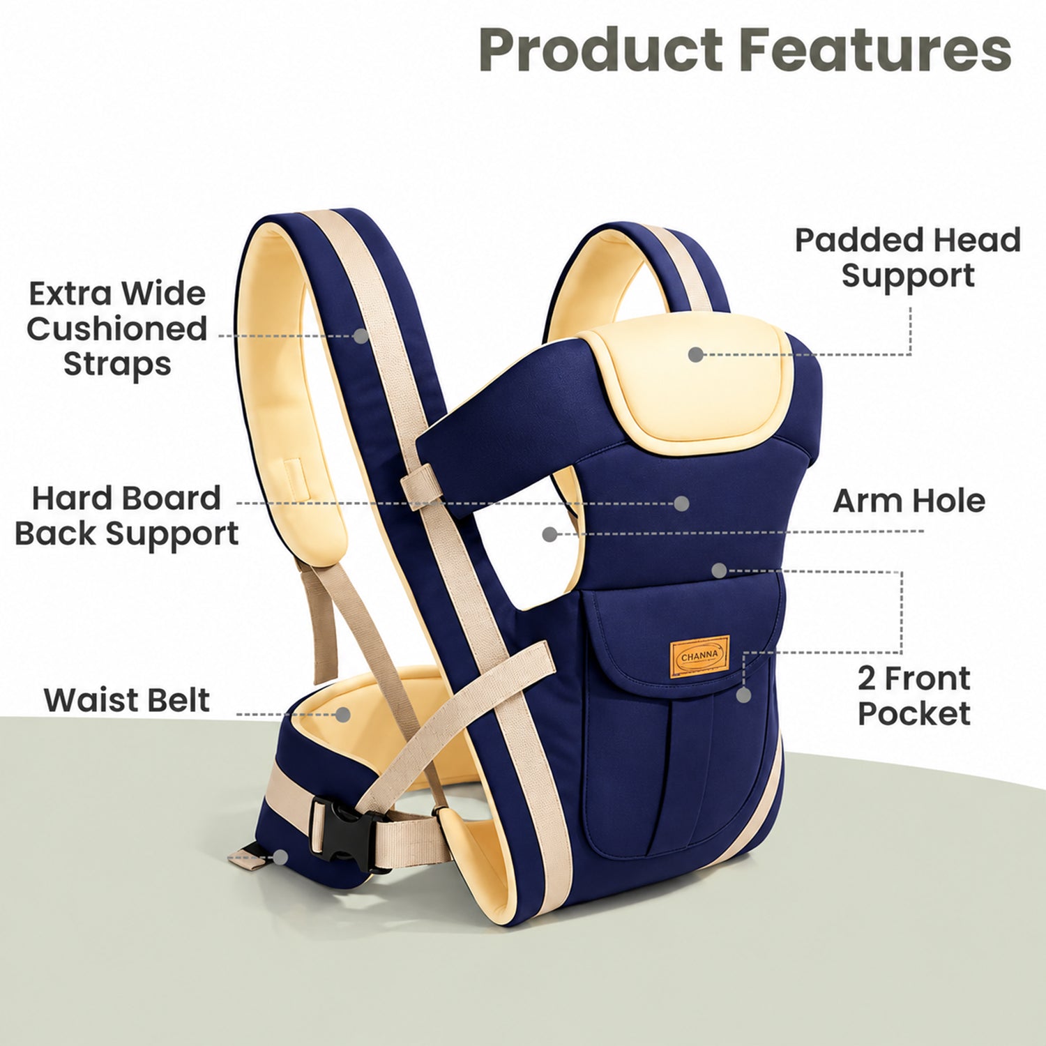A navy and beige baby carrier with labels pointing to its features like padded head support and front pockets.