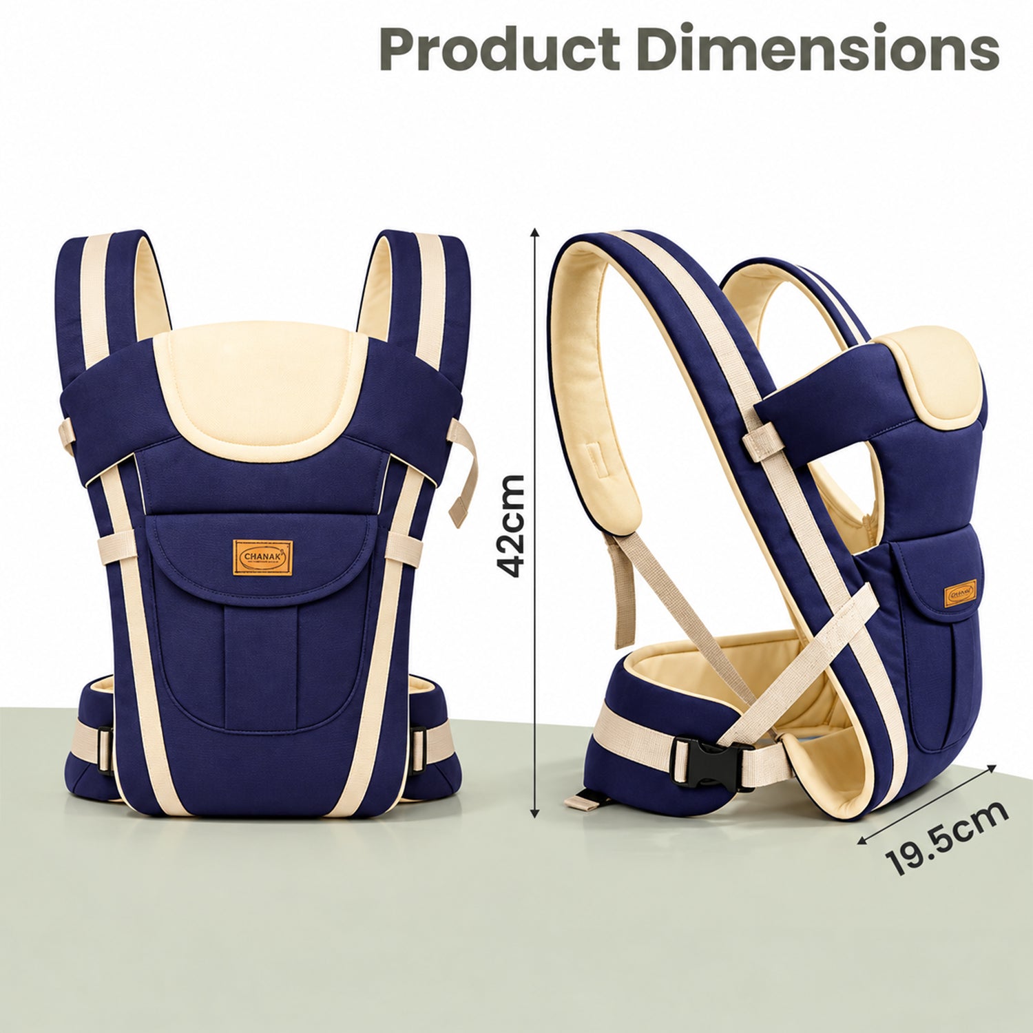 Front and side views of the navy and beige baby carrier show its dimensions, 42cm height and 19.5cm depth.