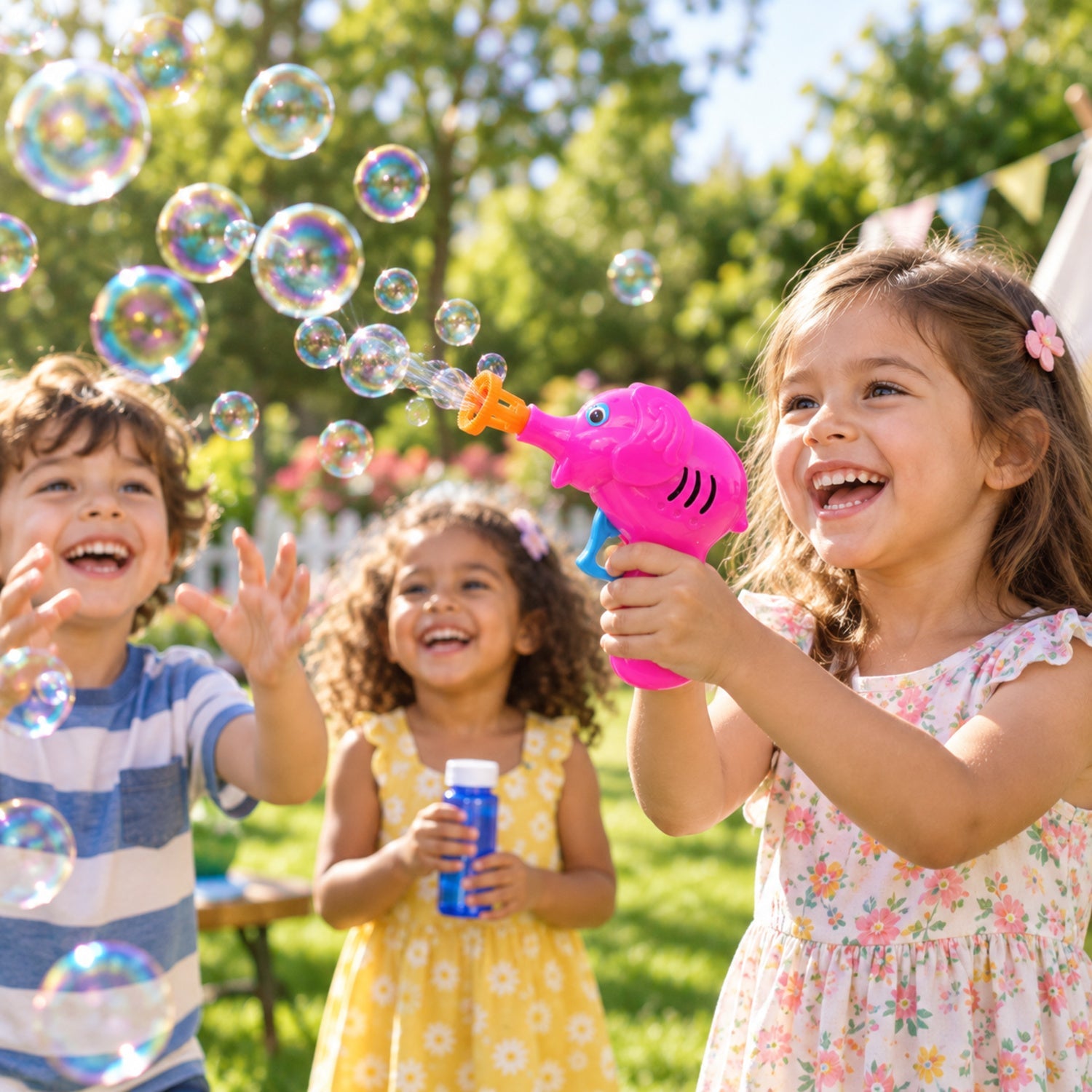 Three happy children play outdoors with a pink elephant bubble gun, creating many bubbles in the sunlight.