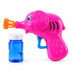 A bright pink elephant bubble gun stands next to a small blue bottle of bubble solution on a white background.
