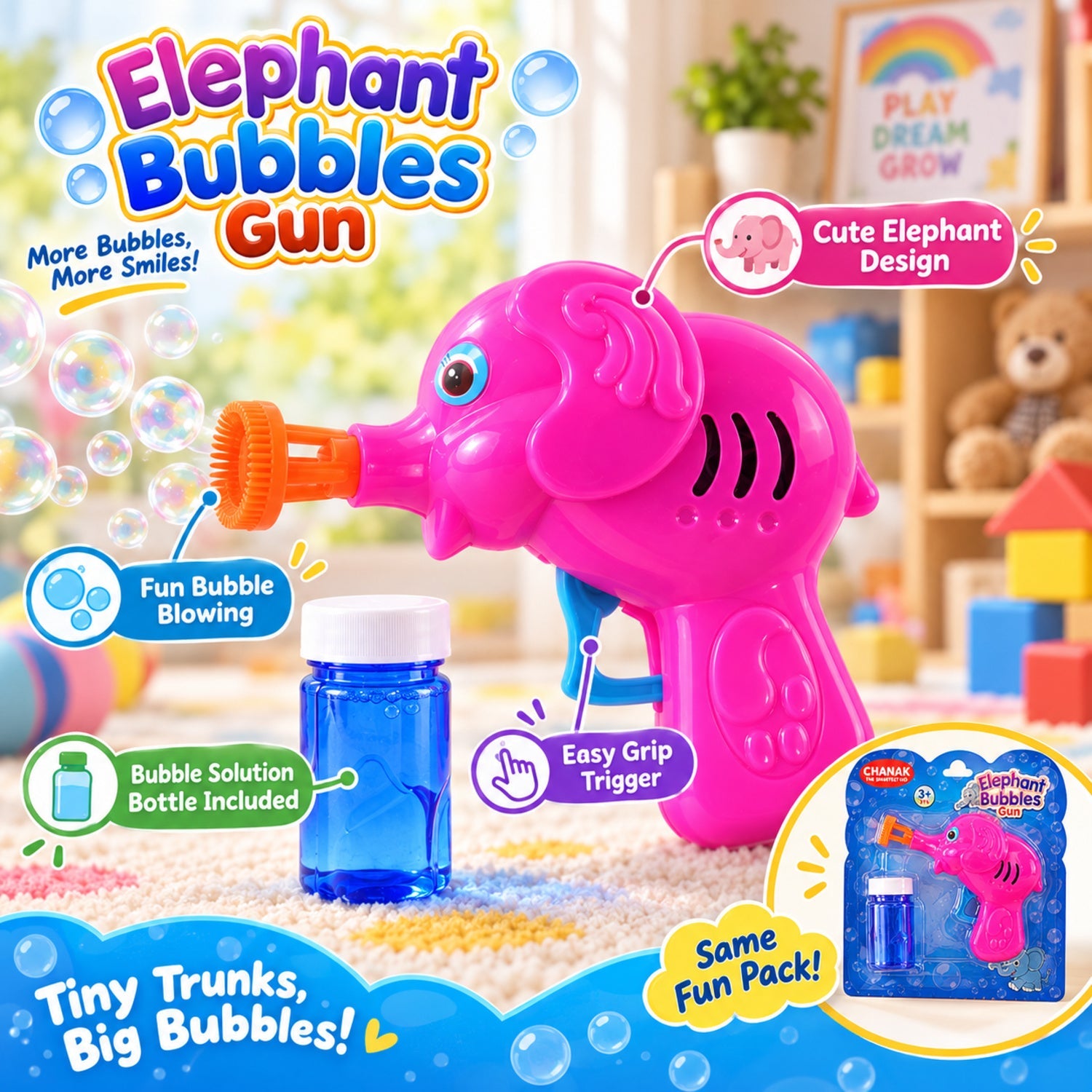 A pink elephant bubble gun and solution bottle are on a patterned rug, with promotional text and product features.