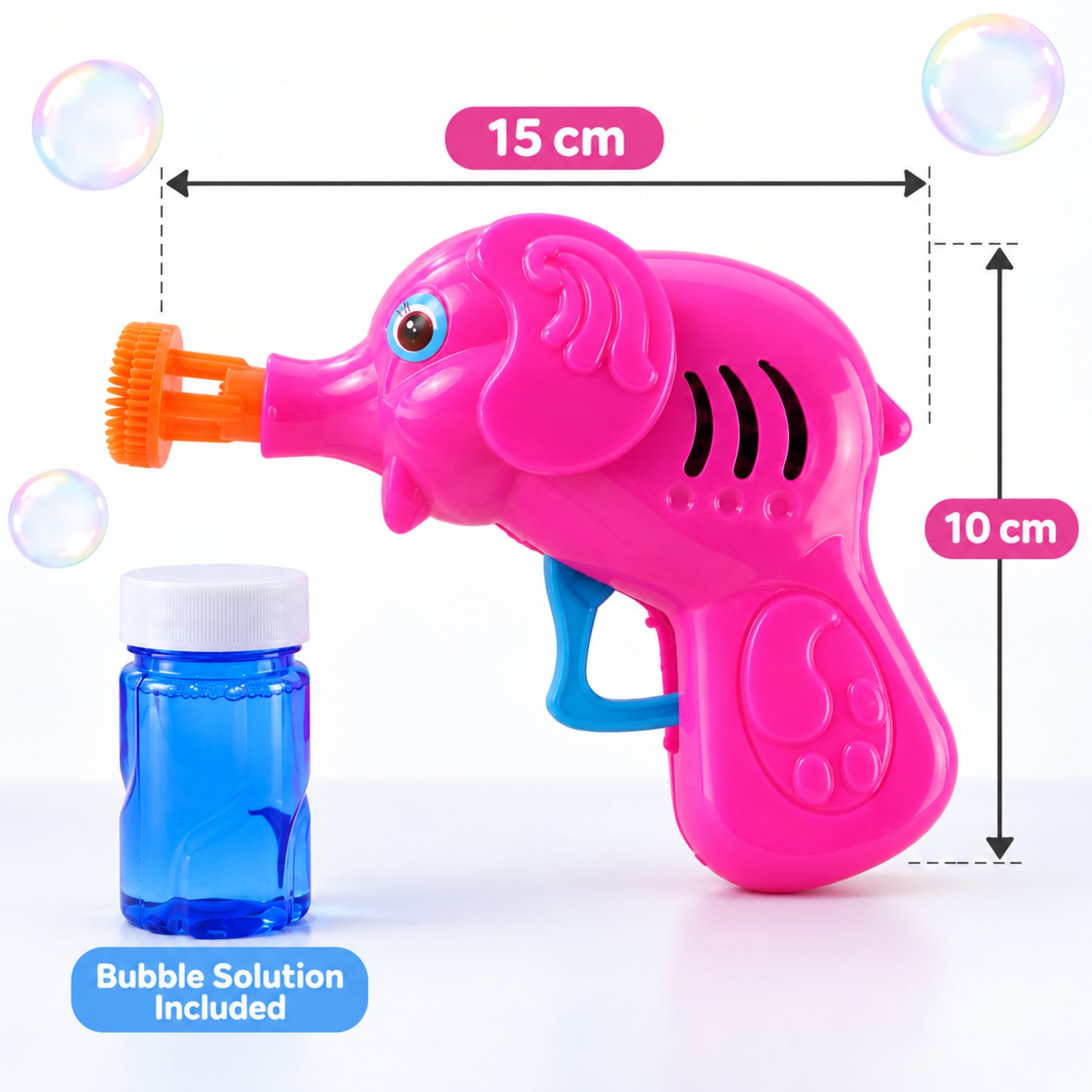 A pink elephant bubble gun and blue solution bottle are shown with dimensions of 15 cm length and 10 cm height.