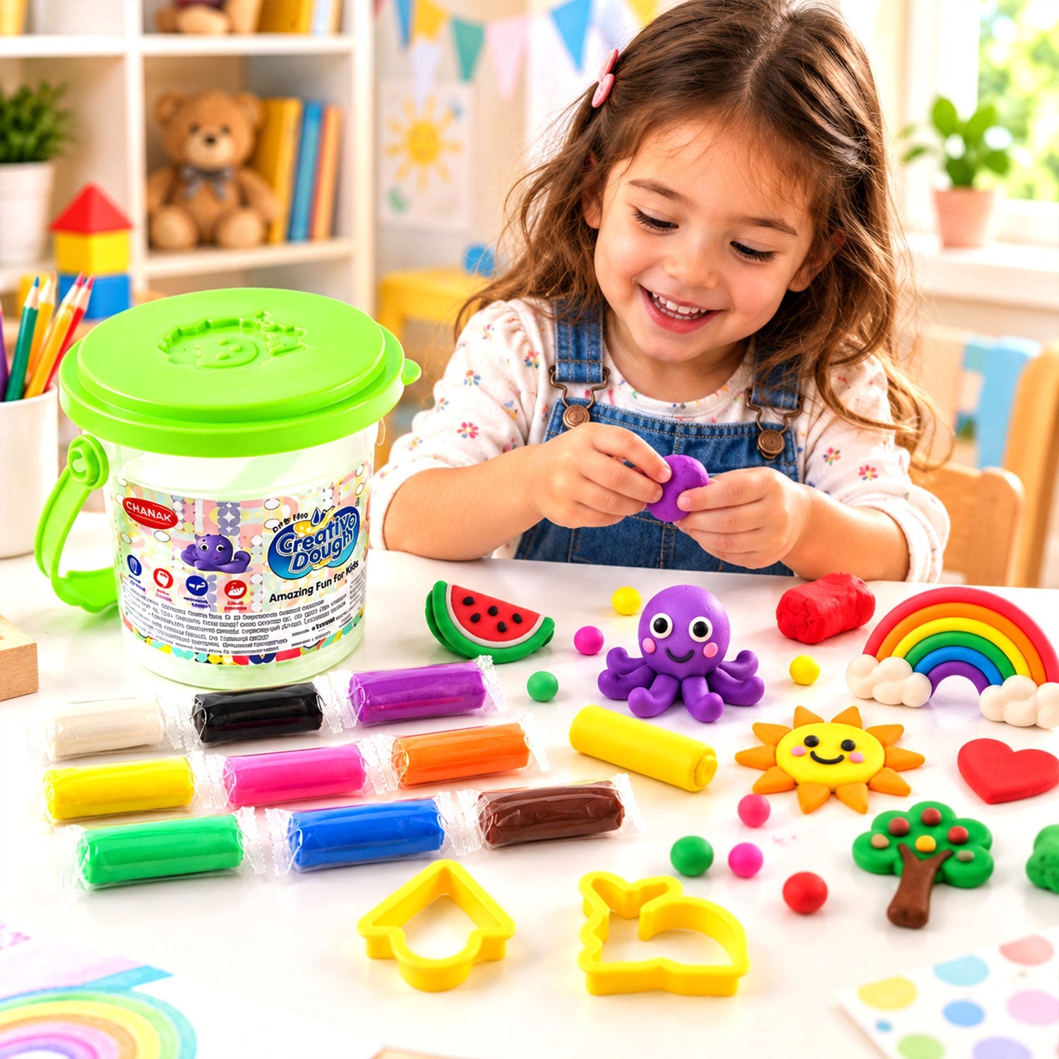 A young girl happily plays with purple modelling dough, surrounded by colorful dough sticks and various shaped creations.