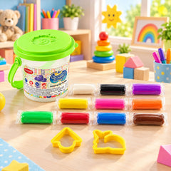 A clear bucket with a green lid sits on a wooden table, surrounded by individually wrapped dough sticks and yellow cutters.