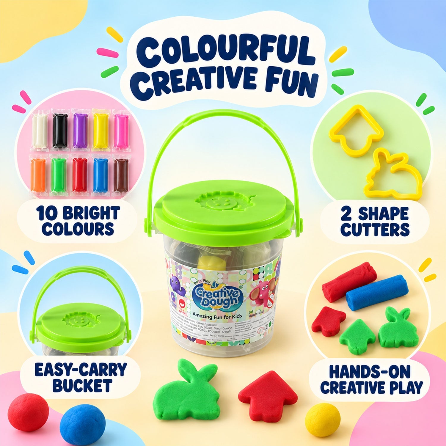 A colorful arrangement of dough sticks, shape cutters, and a bucket of dough, with playful dough creations.