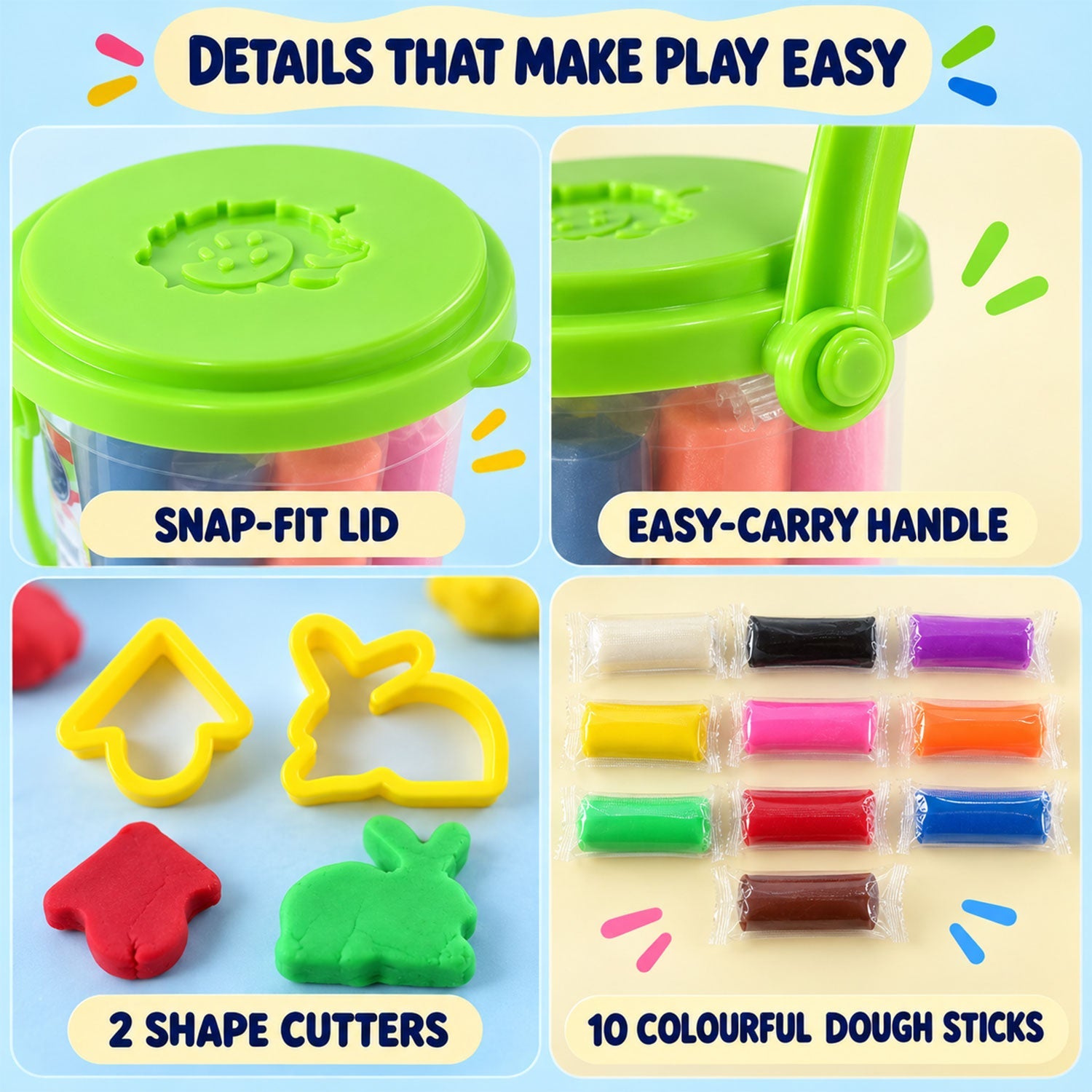 Four close-up panels show the snap-fit lid, easy-carry handle, two shape cutters, and ten colourful dough sticks.