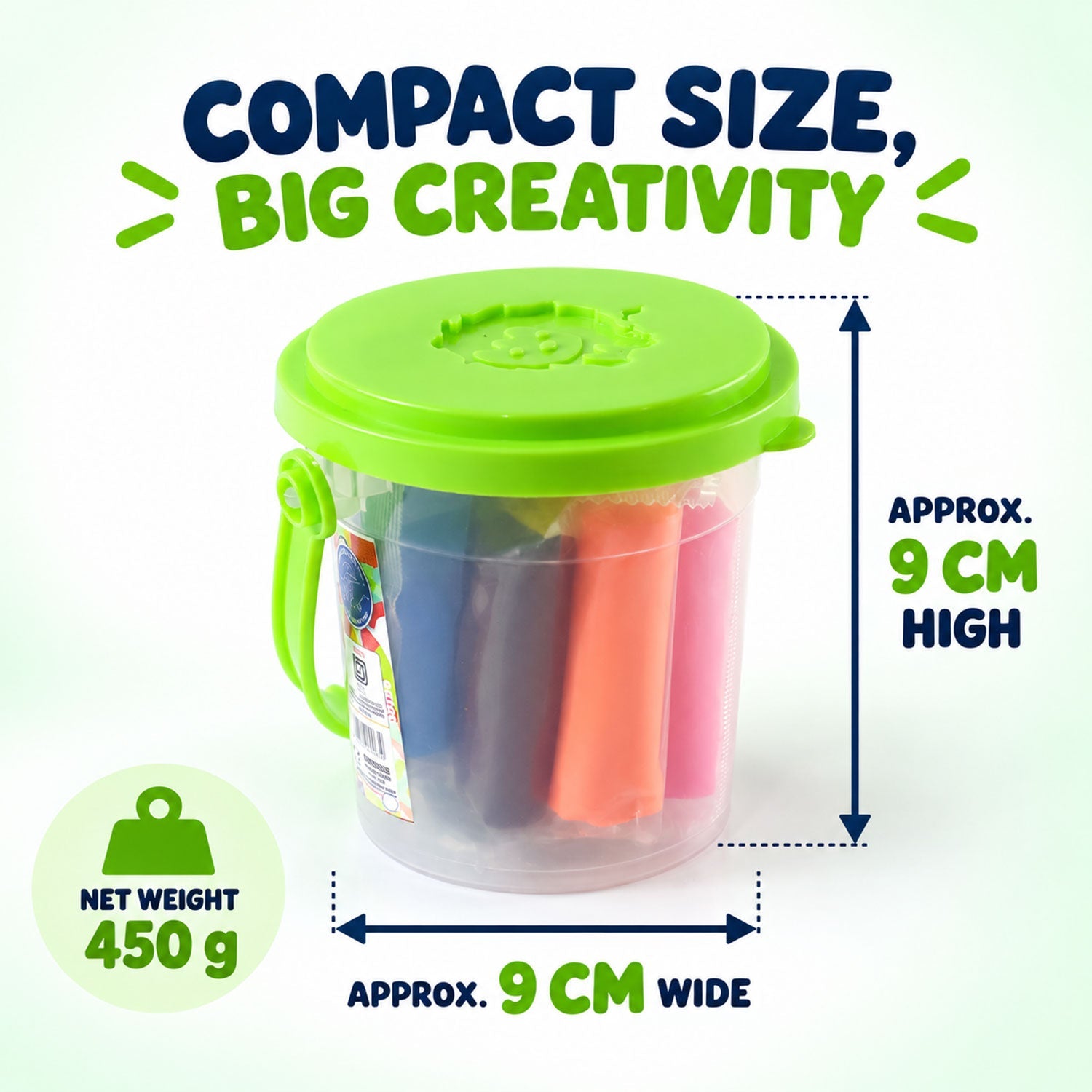 A clear bucket with a green lid and handle, containing colorful dough sticks, with approximate dimensions displayed.