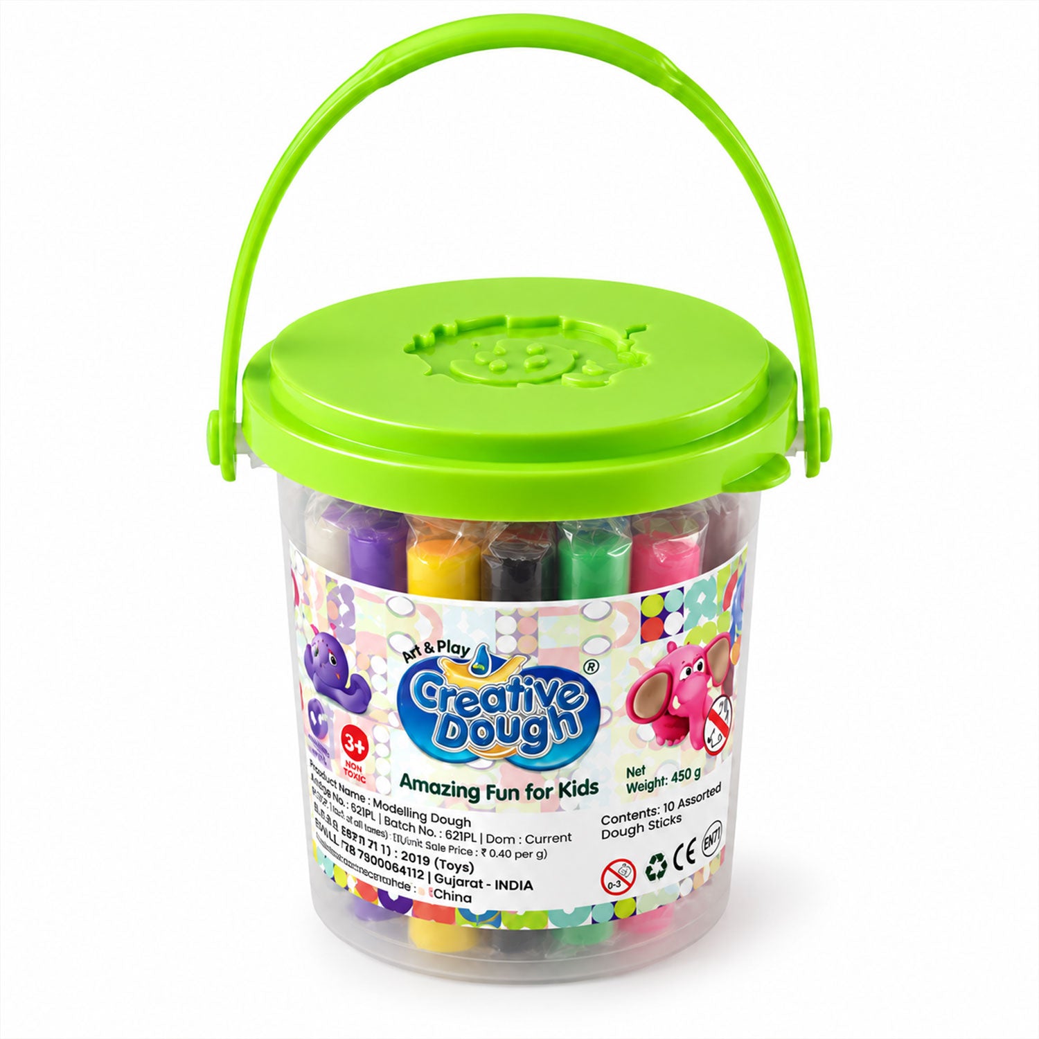 A transparent bucket with a bright green handle and lid, filled with colorful dough sticks, sits on a white background.