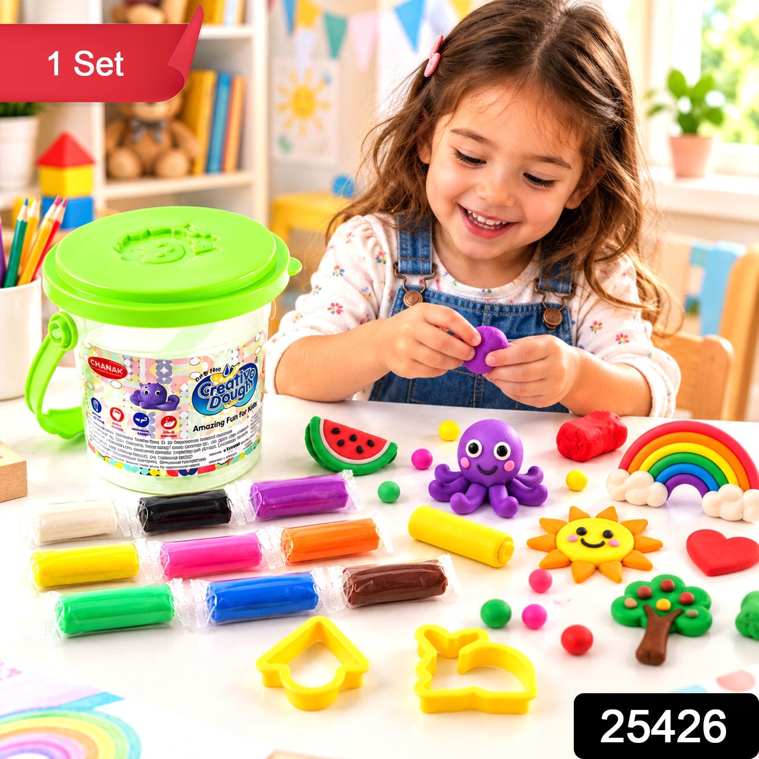 A child smiles while molding purple dough, with an assortment of dough sticks and playful shapes on a white table.
