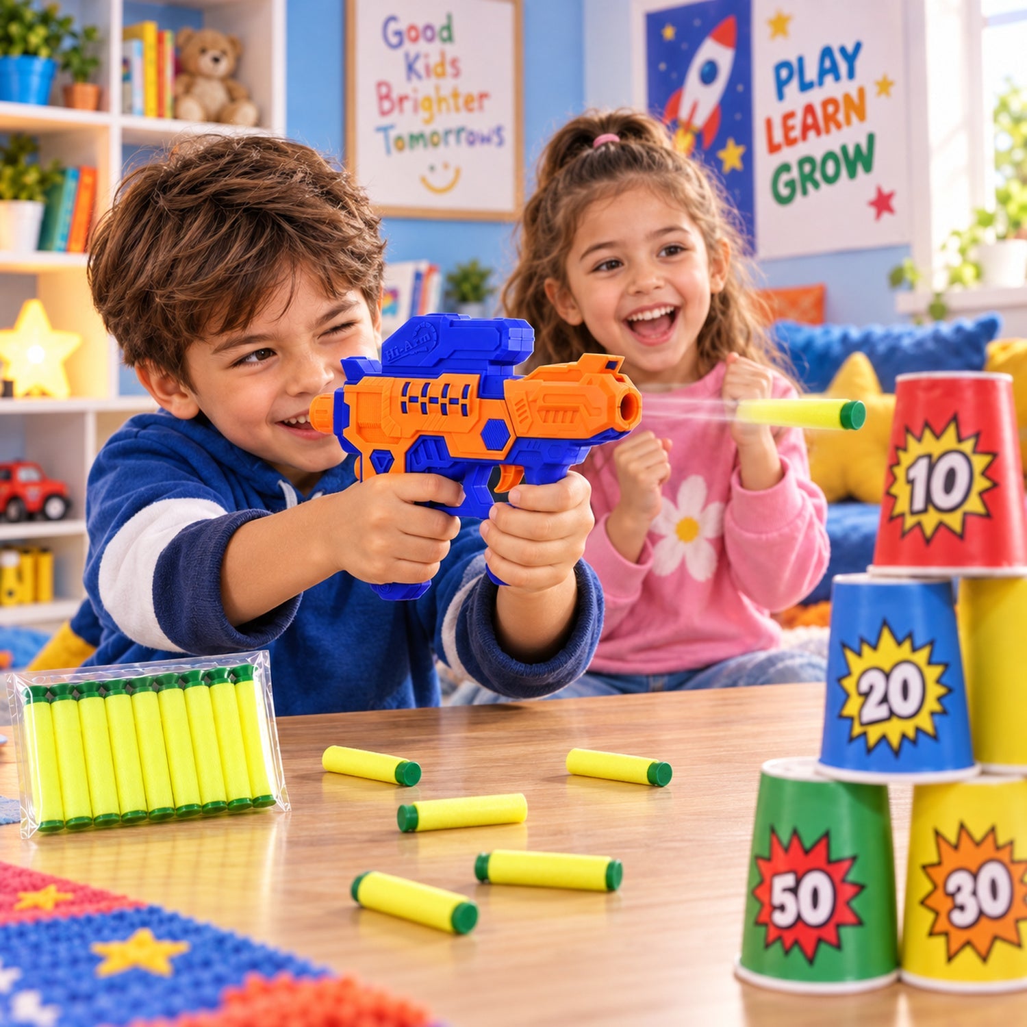 A boy aims an orange and blue toy gun, shooting a yellow foam bullet at a stack of numbered cups, with a girl smiling beside