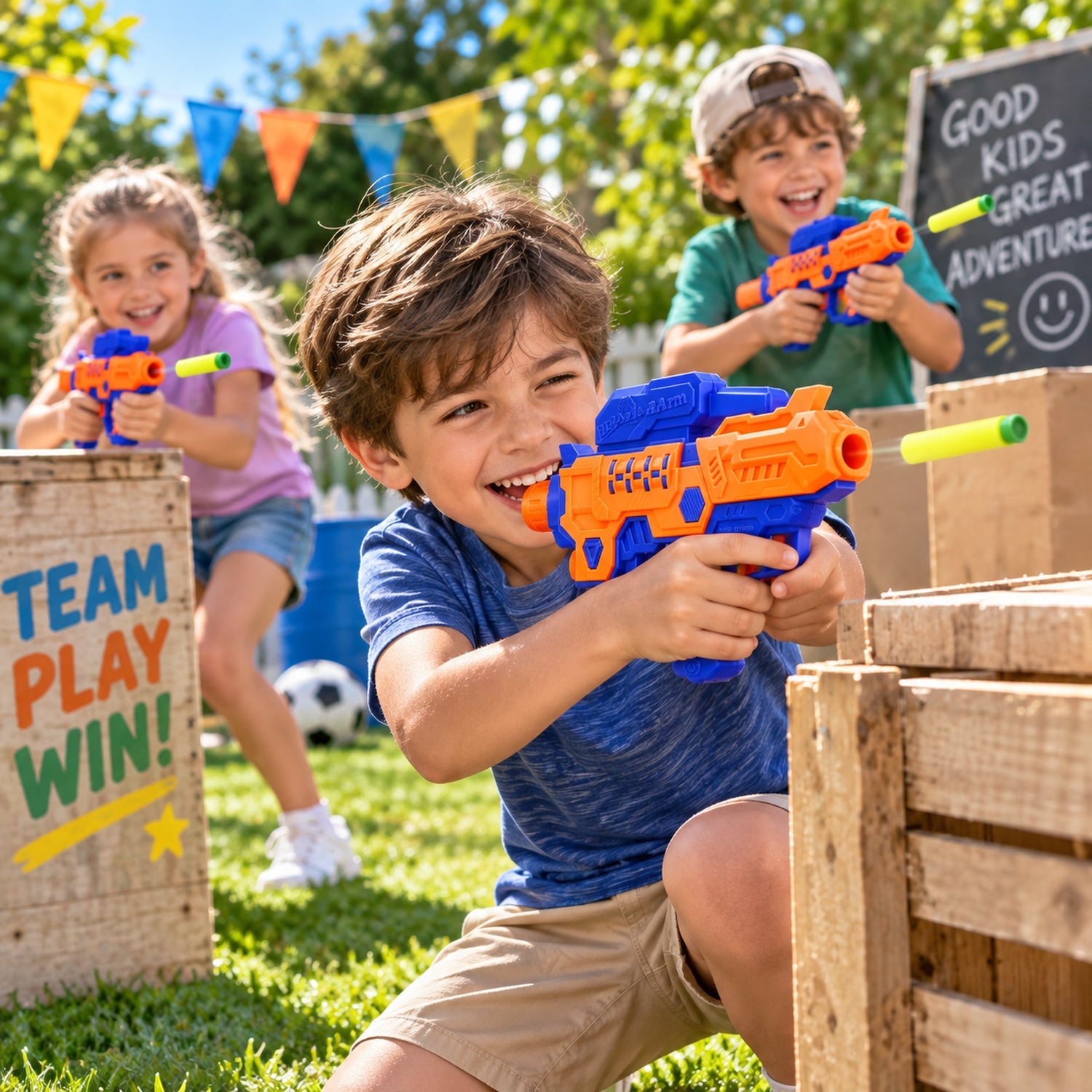 Three children play outdoors with orange and blue toy guns, shooting yellow foam bullets, with wooden crates and banners