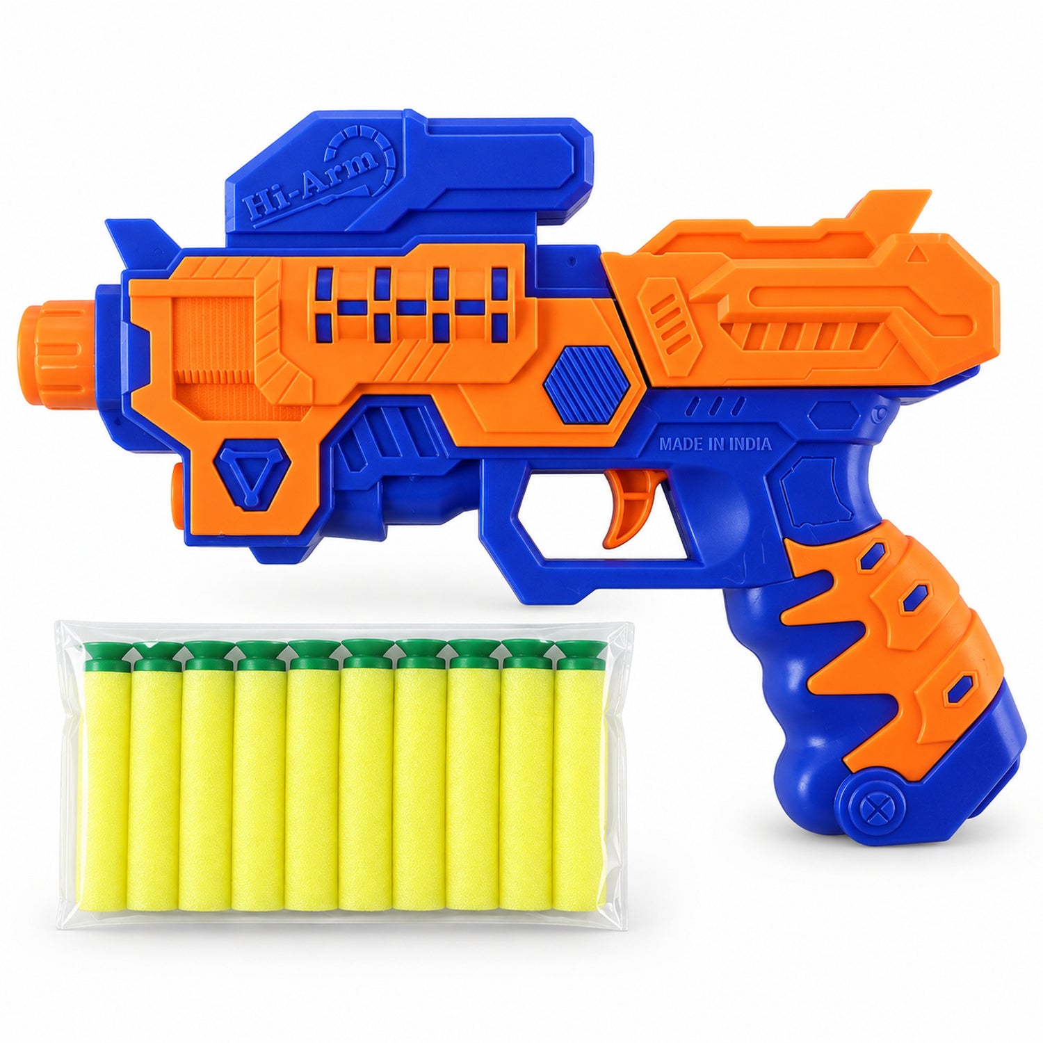 An orange and blue plastic toy gun is displayed with a clear packet of yellow foam bullets on a white background.