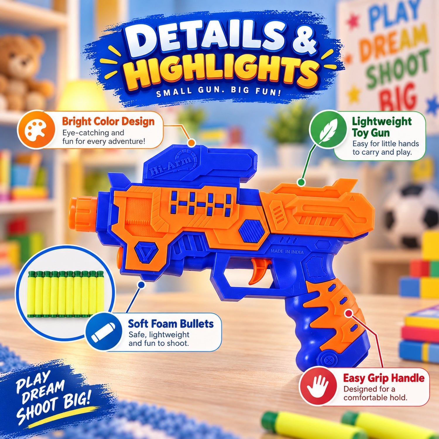 An orange and blue toy gun with callouts highlighting its bright color, lightweight design, soft foam bullets, and easy grip