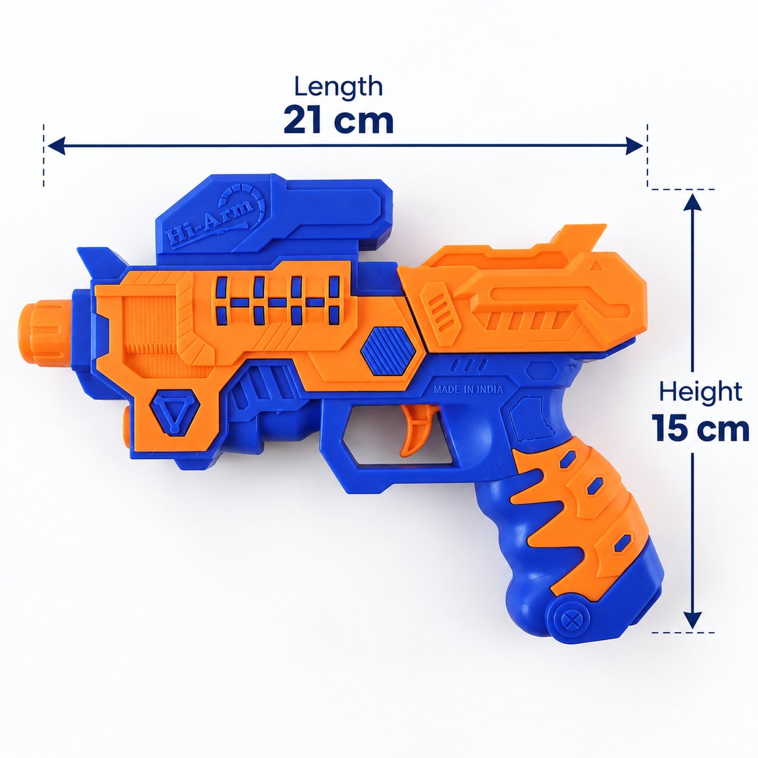 An orange and blue toy gun is shown with its dimensions, 21 cm length and 15 cm height, on a white background.
