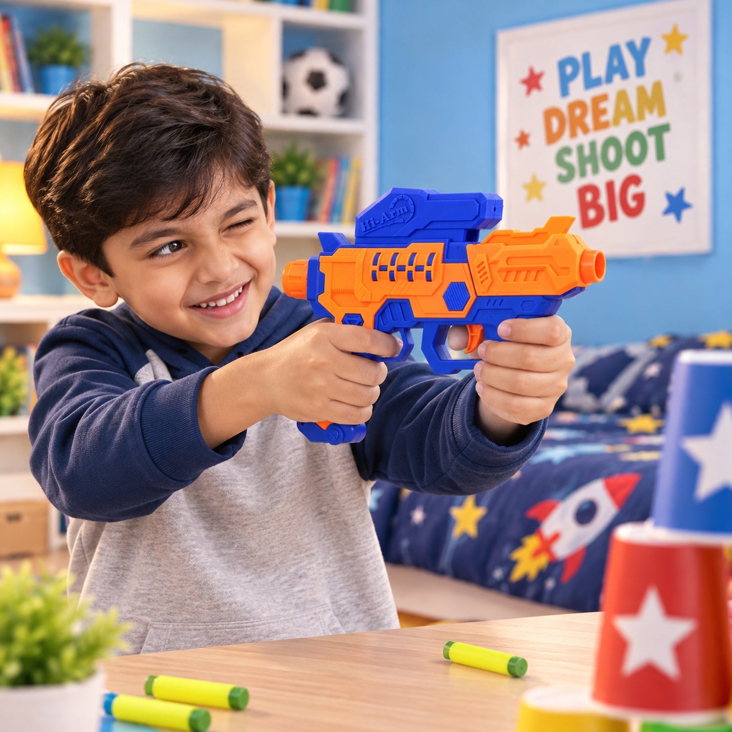 A boy winks while holding an orange and blue toy gun, aiming at a stack of red and white cups on a wooden table.
