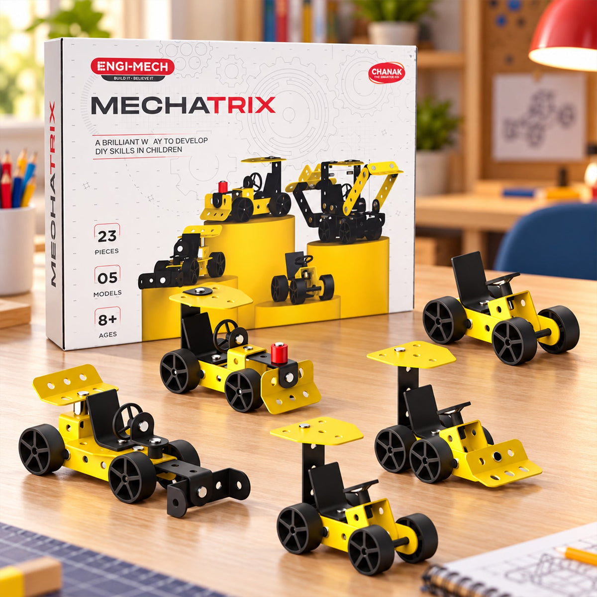 A white box for Engi-Mech Mechatrix construction kit with five yellow and black toy vehicles in front of it.