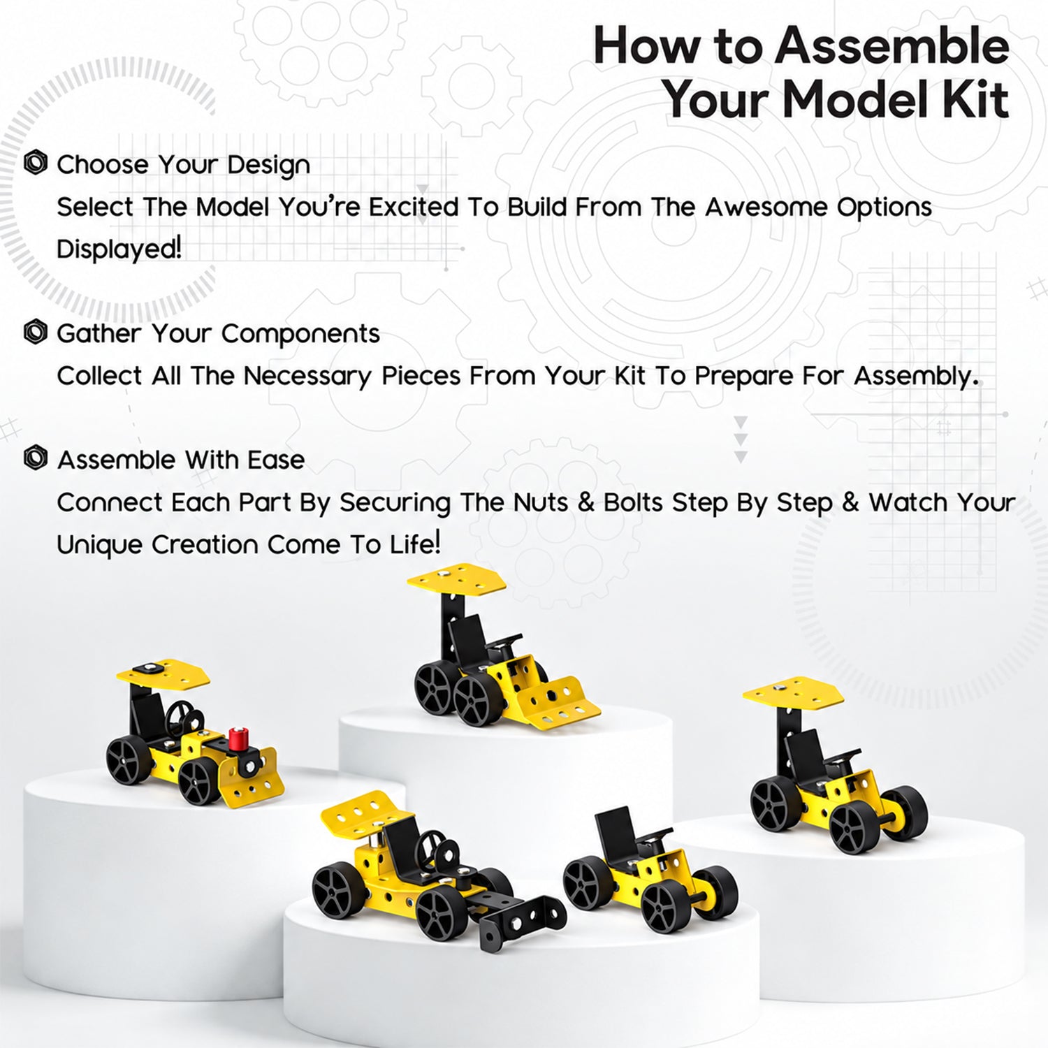 A graphic with text explaining how to assemble the model kit, with four assembled yellow and black toy vehicles on white