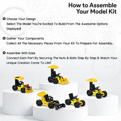 A graphic with text explaining how to assemble the model kit, with four assembled yellow and black toy vehicles on white