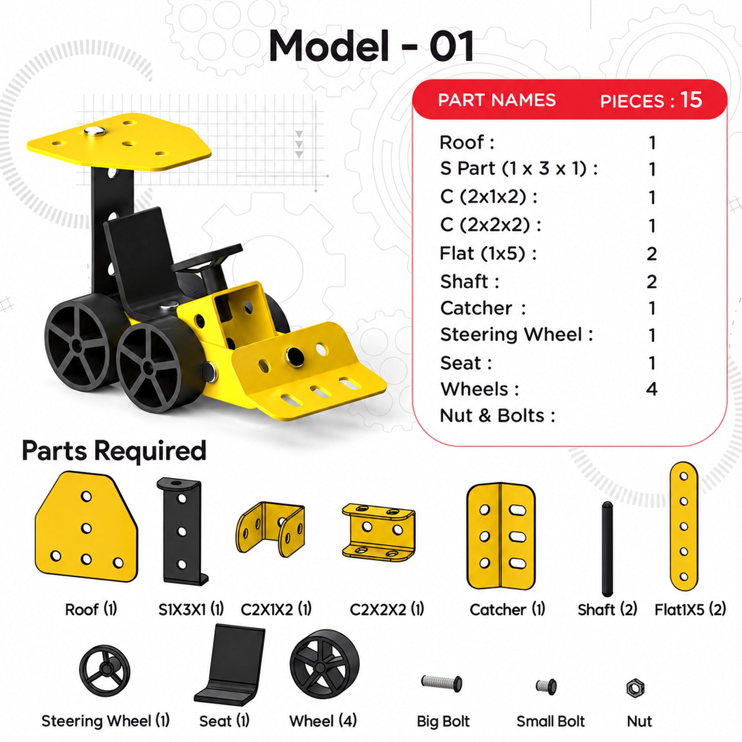 A graphic detailing parts required for Model 01, a yellow and black toy vehicle, with a list of components and their