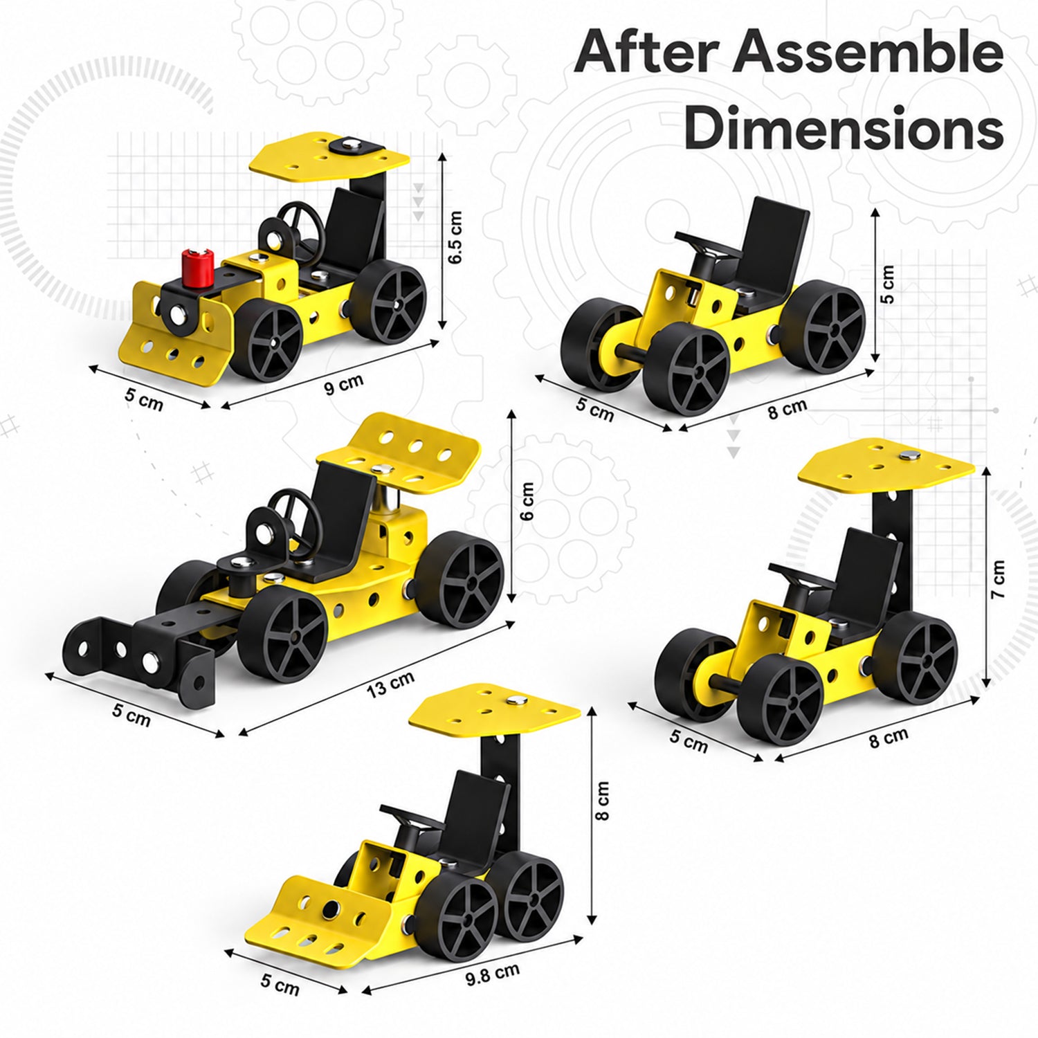 A graphic displaying four assembled yellow and black toy vehicles with their dimensions indicated by arrows and numbers.