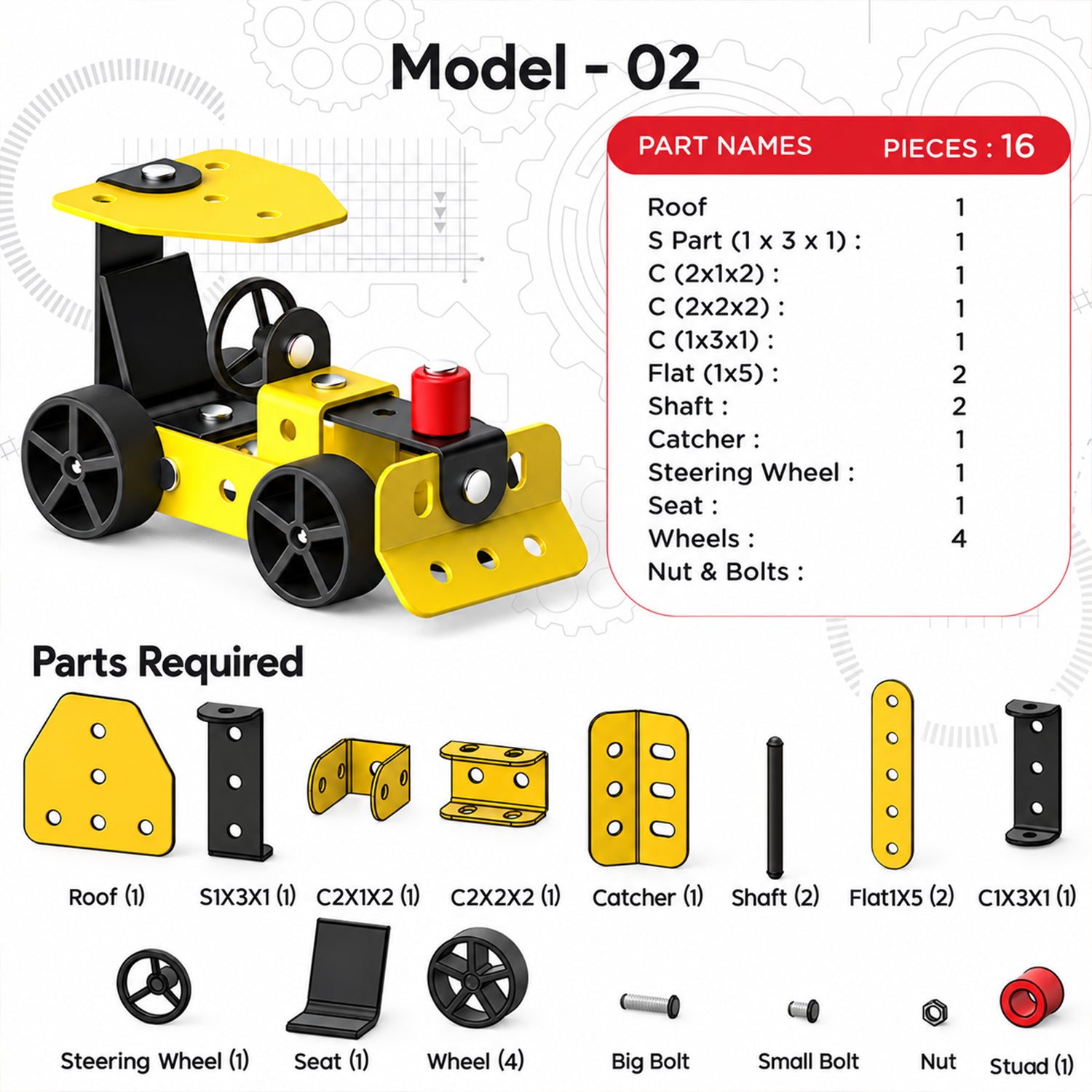 A graphic detailing parts required for Model 02, a yellow and black toy vehicle, with a list of components and their