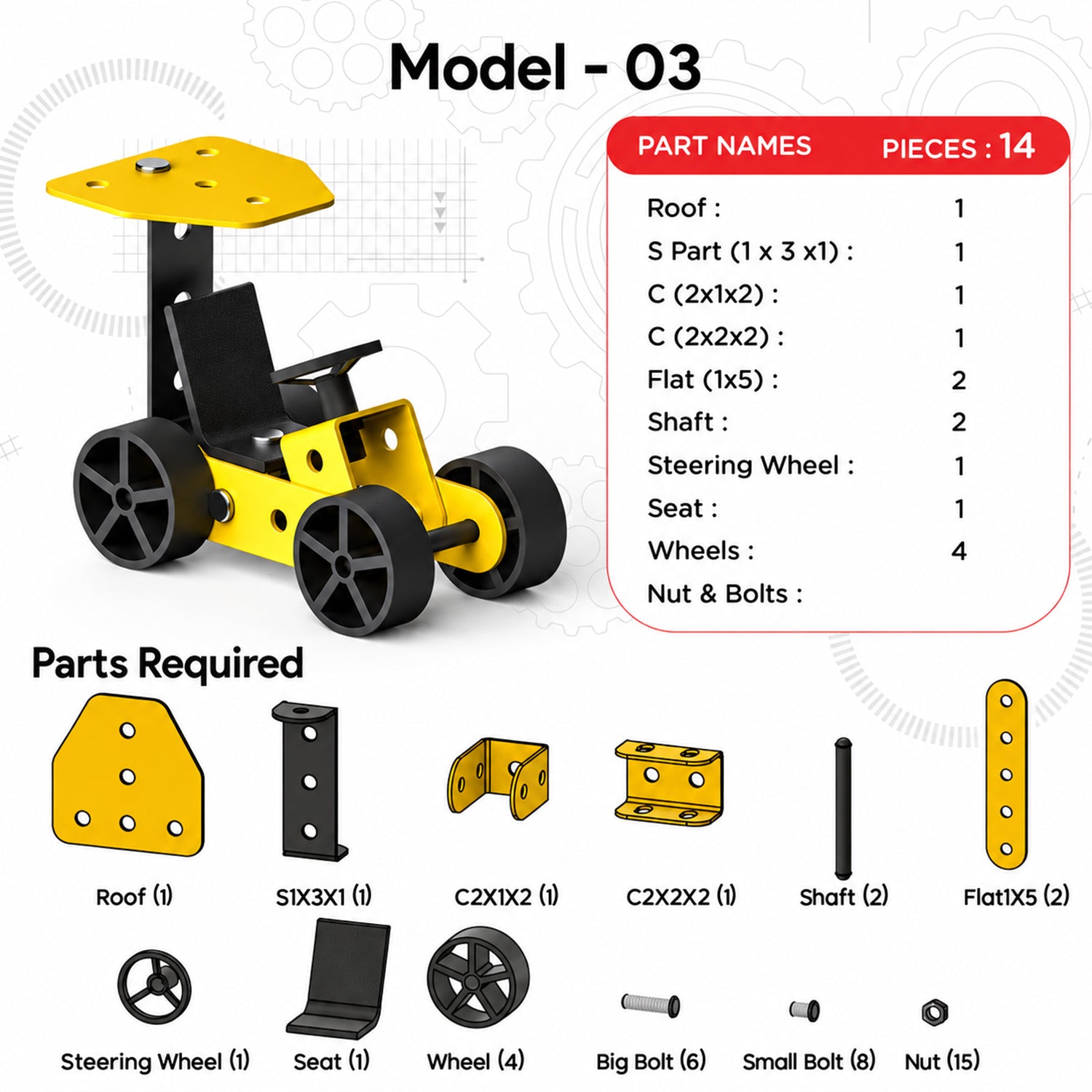 A graphic detailing parts required for Model 03, a yellow and black toy vehicle, with a list of components and their