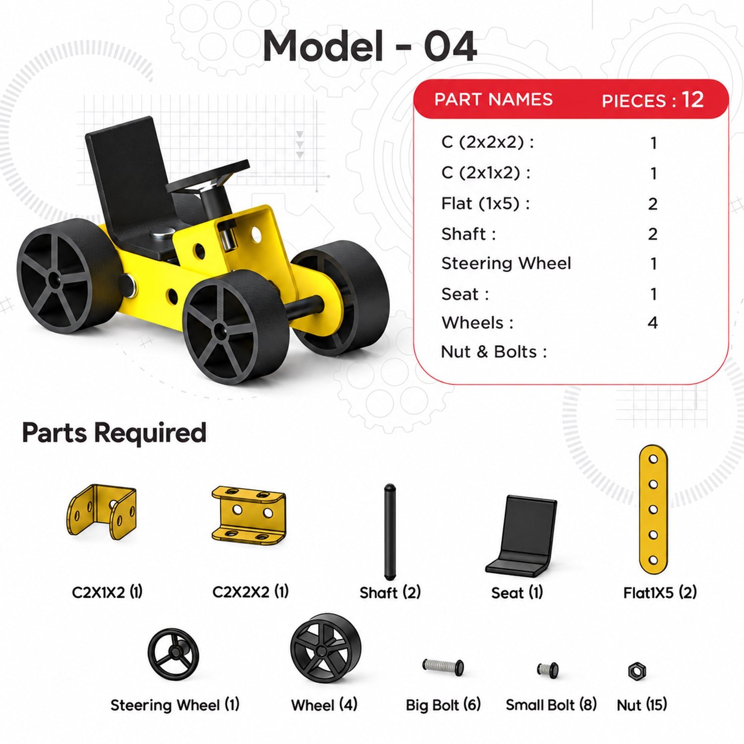 A graphic detailing parts required for Model 04, a yellow and black toy vehicle, with a list of components and their