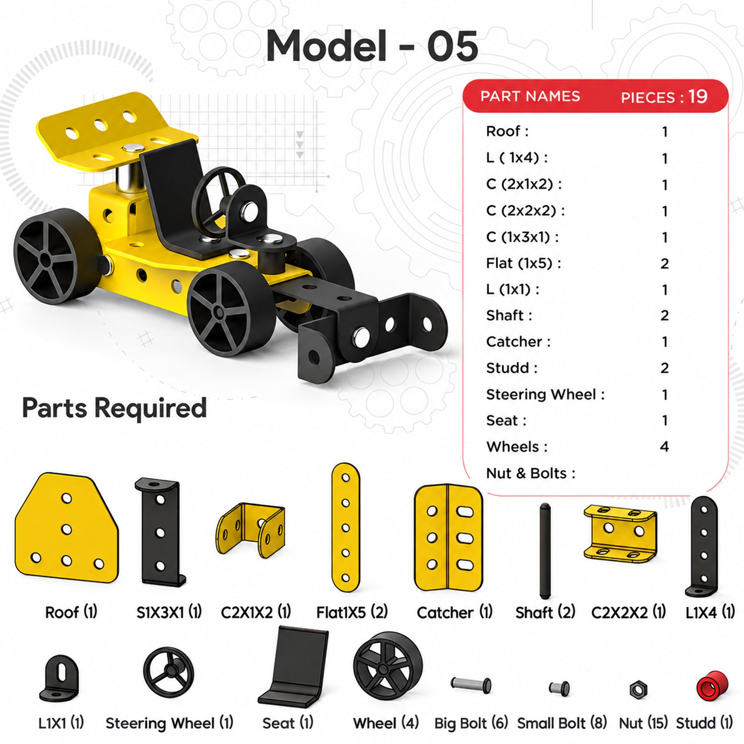 A graphic detailing parts required for Model 05, a yellow and black toy vehicle, with a list of components and their