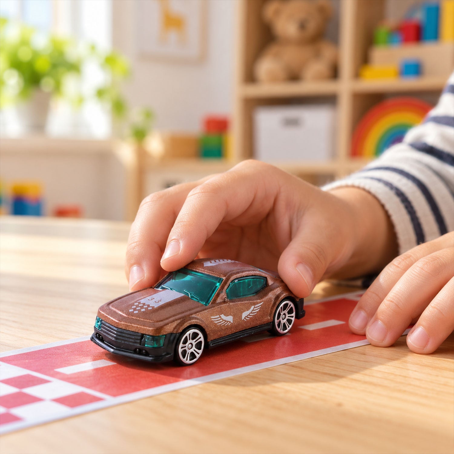 A child's hands position a small, brown toy car onto a red and white checkered track.