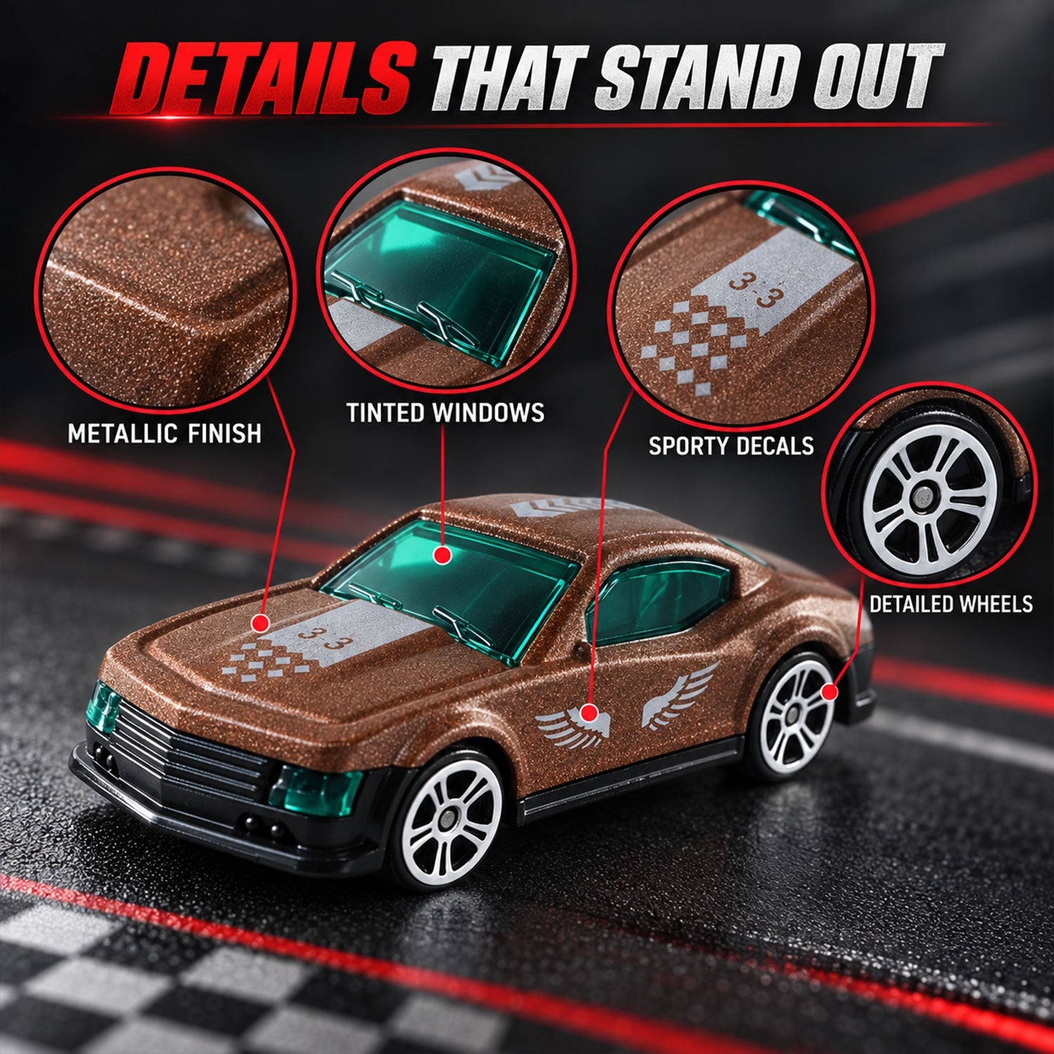 A detailed view of a brown toy car with metallic finish, tinted windows, sporty decals, and detailed wheels.