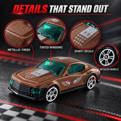 A detailed view of a brown toy car with metallic finish, tinted windows, sporty decals, and detailed wheels.