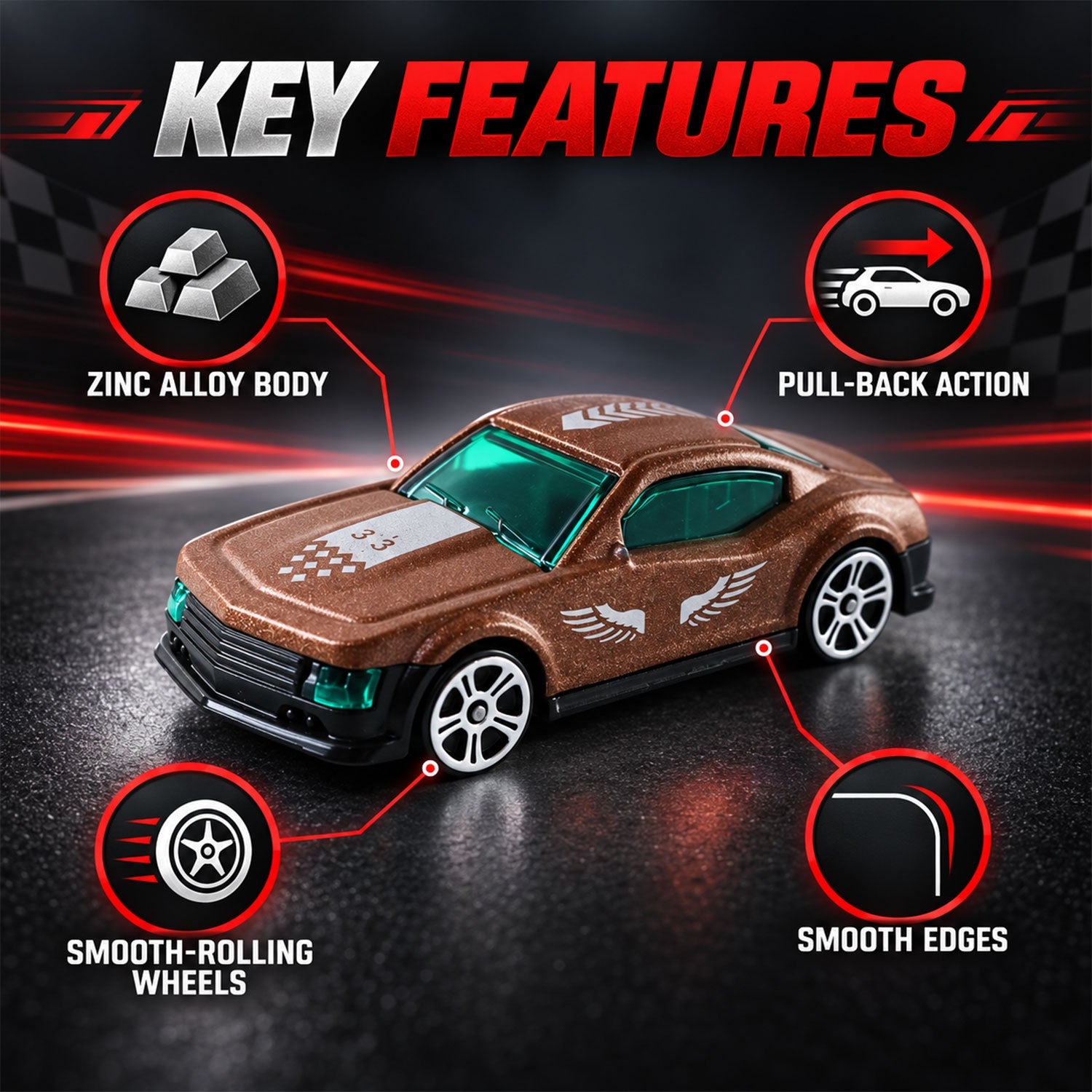 A brown toy car featuring zinc alloy body, pull-back action, smooth-rolling wheels, and smooth edges.