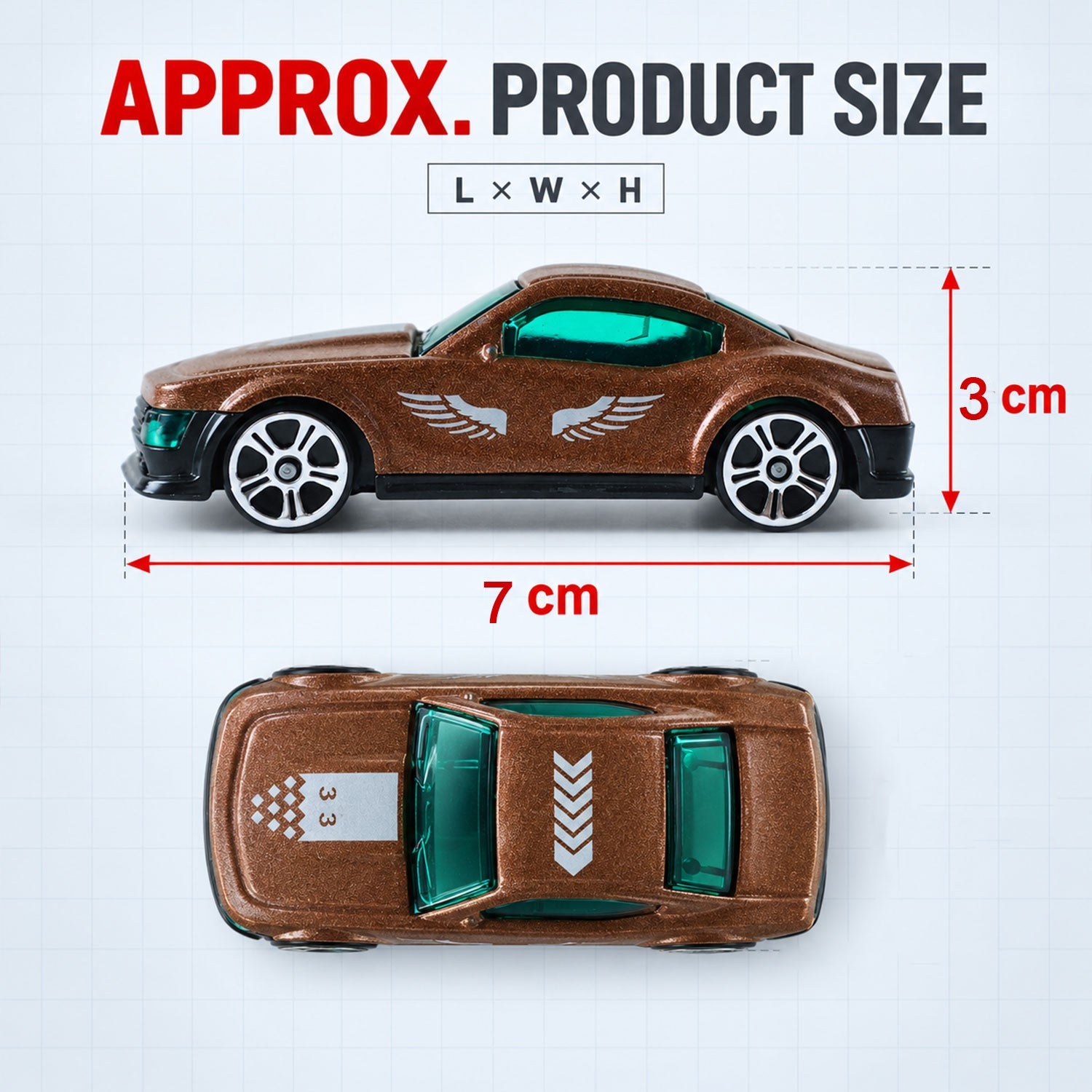 Top and side views of a brown toy car with dimensions indicating it is 7 cm long and 3 cm high.