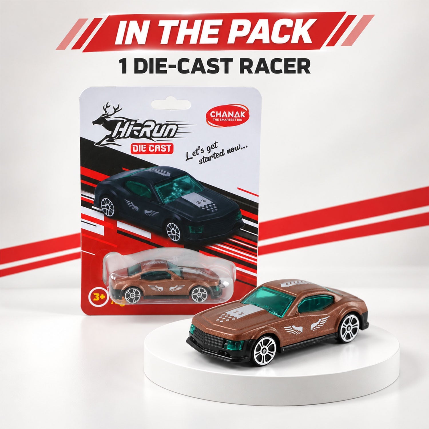 A brown die-cast racer toy car is displayed with its packaging, featuring a black car graphic.