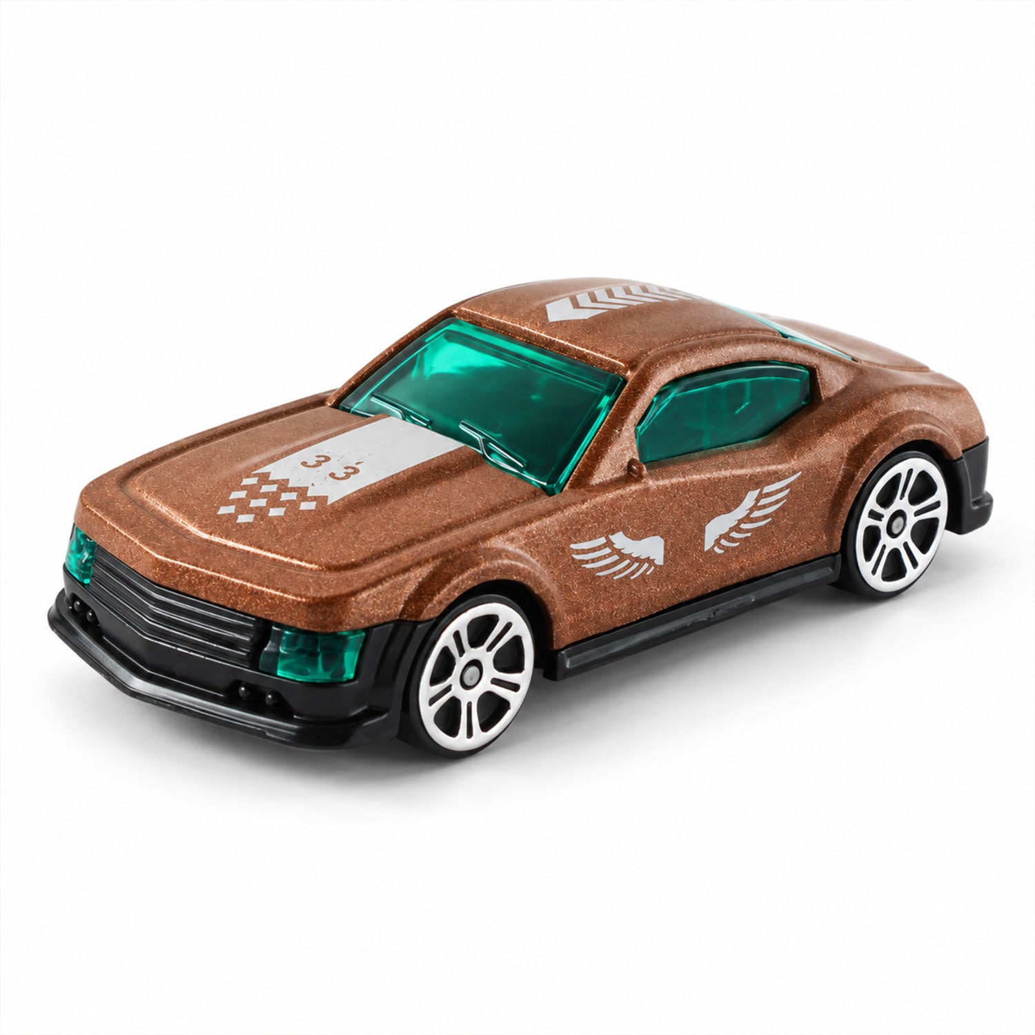 A brown die-cast toy car with green windows and white racing stripes is shown on a white background.