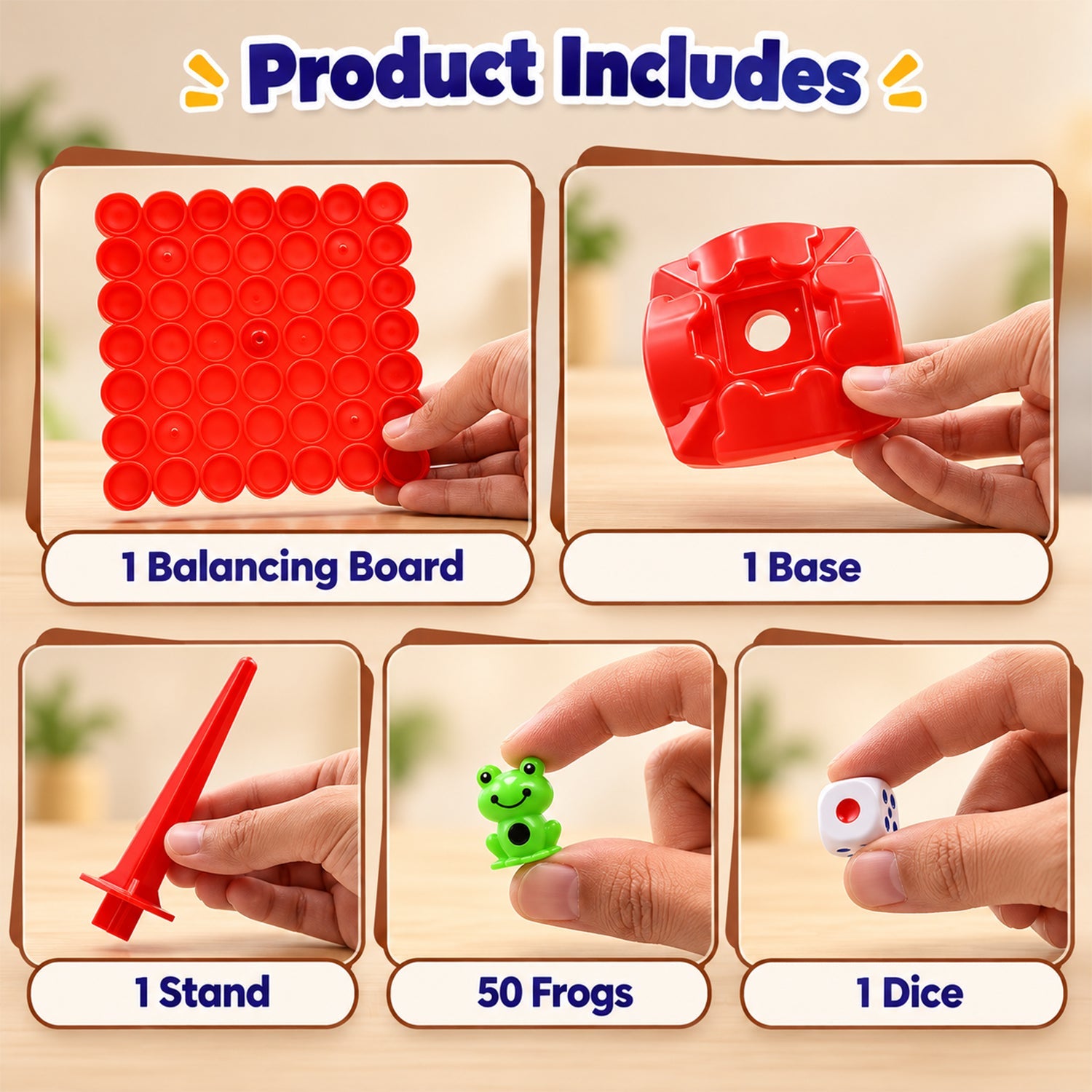 Five close-up images showing the individual components of the game: a red balancing board, base, stand, 50 frogs, and one
