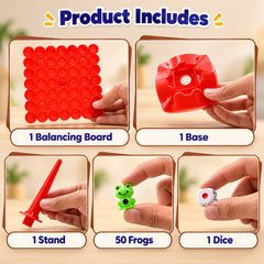 Five close-up images showing the individual components of the game: a red balancing board, base, stand, 50 frogs, and one