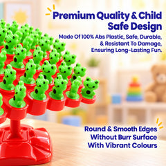 A close-up of the red balancing board with many green frog pieces, highlighting the smooth edges and vibrant colors.