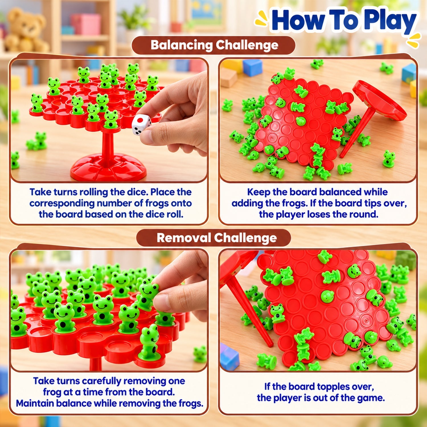 Four panels illustrating how to play the game, including rolling dice, adding frogs, and removing frogs from the board.
