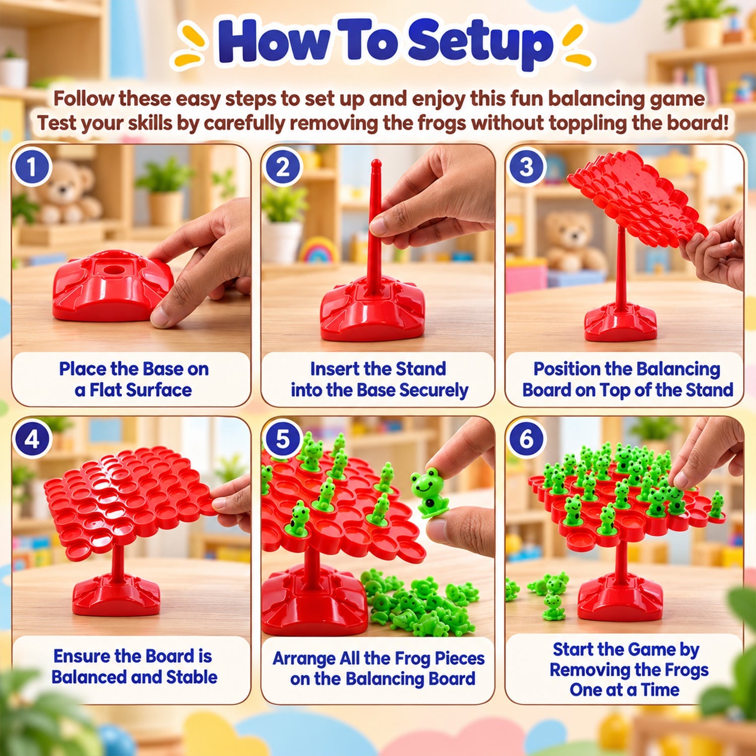 Six panels demonstrating how to set up the game, showing assembly of the base, stand, and balancing board with frogs.