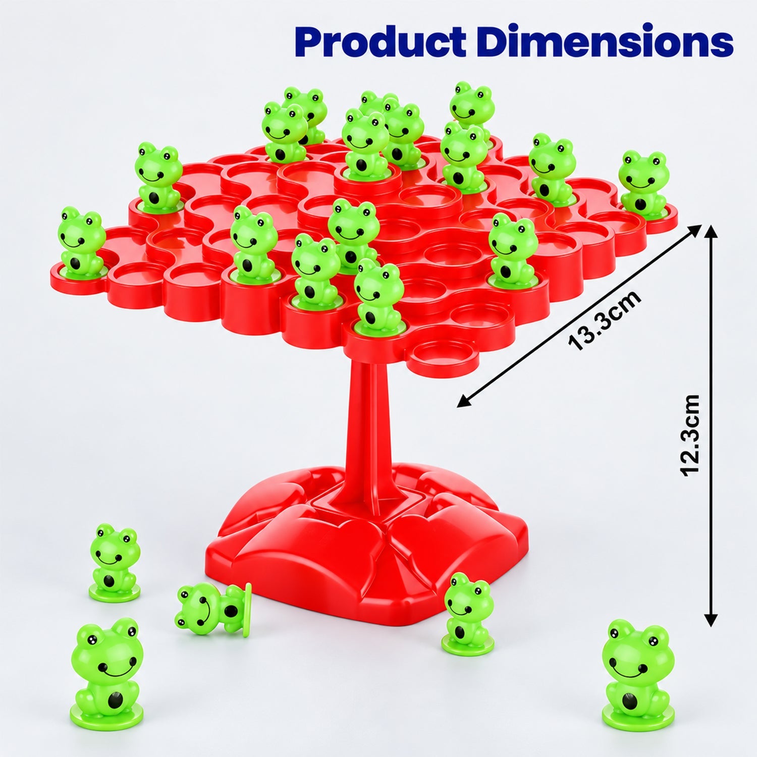 The red balancing board game with green frogs on its surface, displaying product dimensions of 13.3cm and 12.3cm.